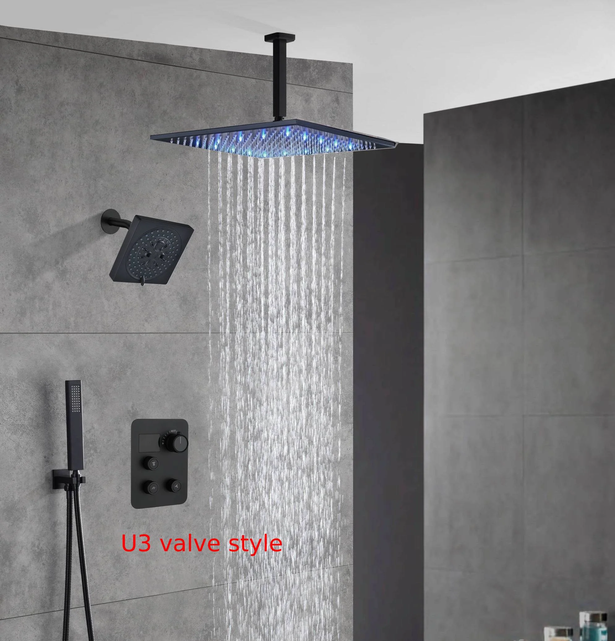 Matte black wall mount 6inch regular high water pressure shower head ceiling mount 16inch or 12 inch rainfall shower head 3 way thermostatic shower system - Image 29