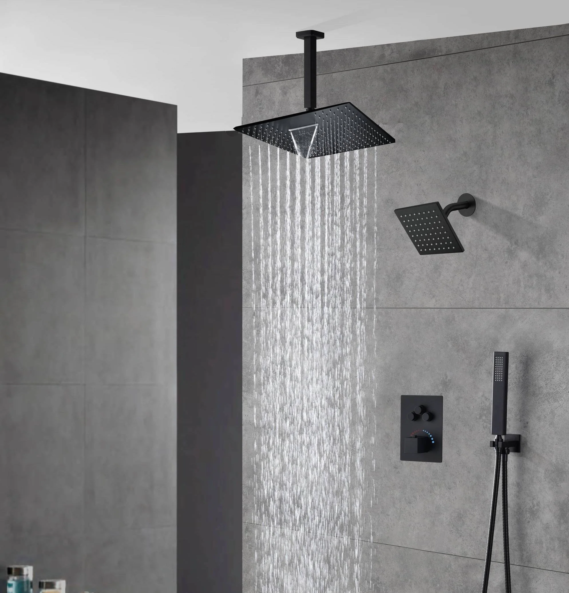 Matte black wall mount 6inch regular high water pressure shower head ceiling mount 16inch or 12 inch rainfall shower head 3 way thermostatic shower system - Image 3