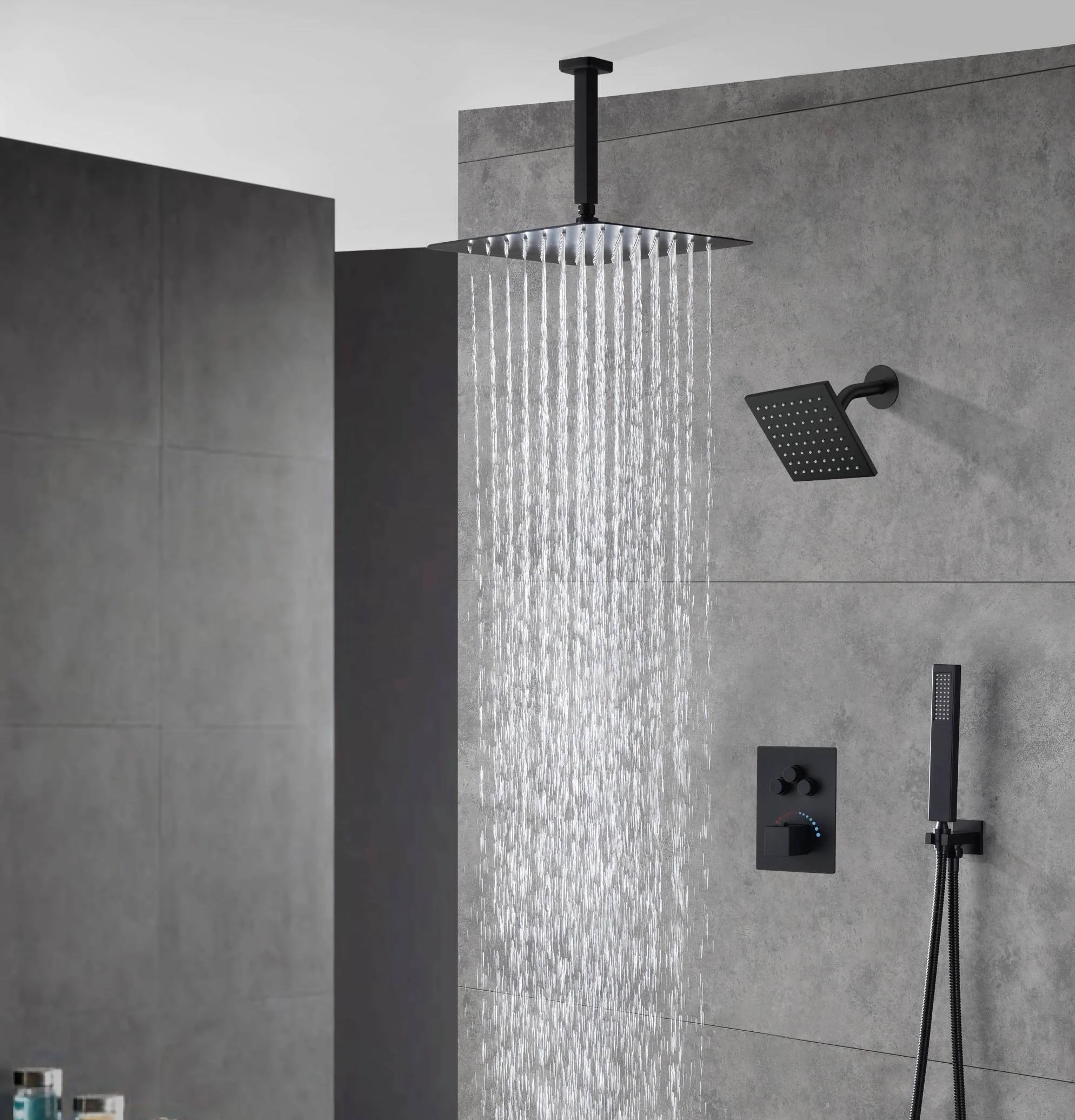 Matte black wall mount 6inch regular high water pressure shower head ceiling mount 16inch or 12 inch rainfall shower head 3 way thermostatic shower system - Image 5