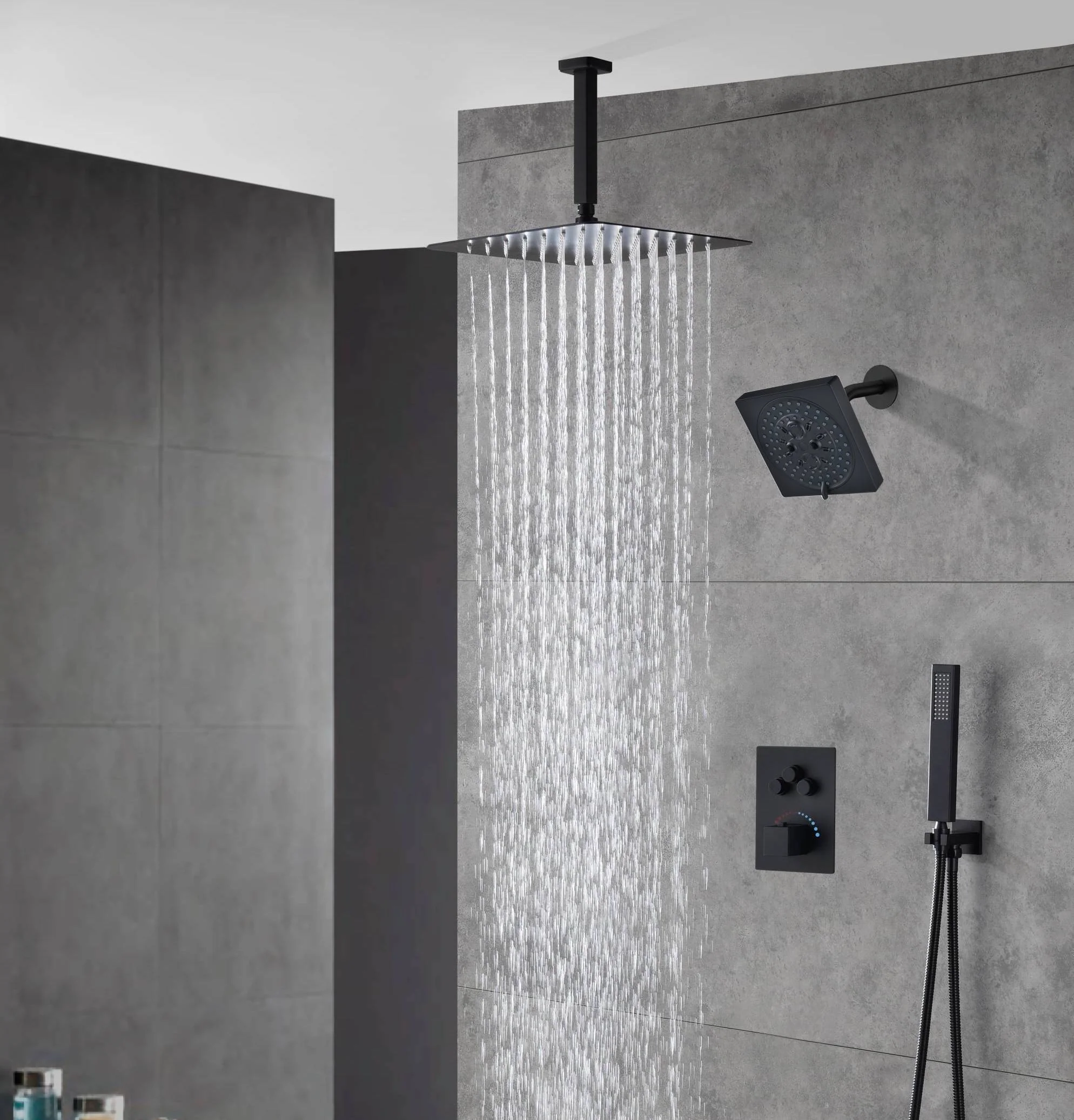 Matte black wall mount 6inch regular high water pressure shower head ceiling mount 16inch or 12 inch rainfall shower head 3 way thermostatic shower system - Image 6