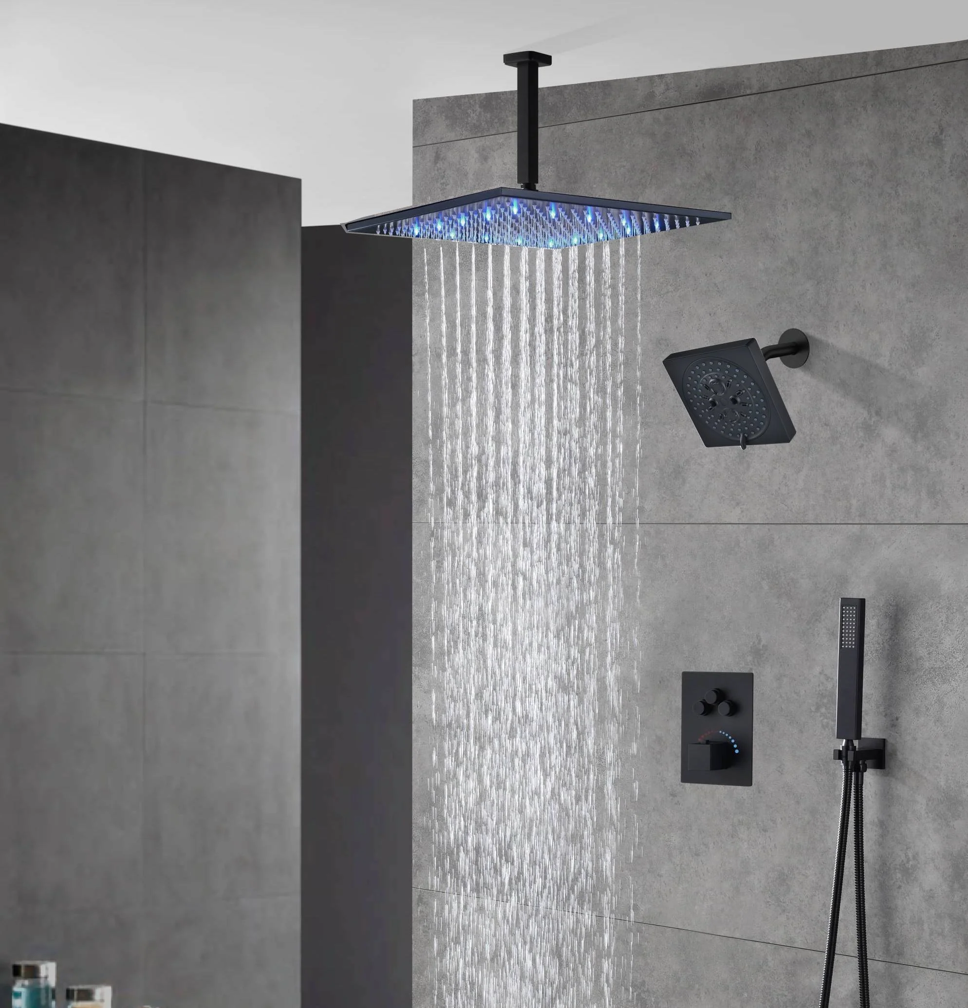 Matte black wall mount 6inch regular high water pressure shower head ceiling mount 16inch or 12 inch rainfall shower head 3 way thermostatic shower system - Image 8