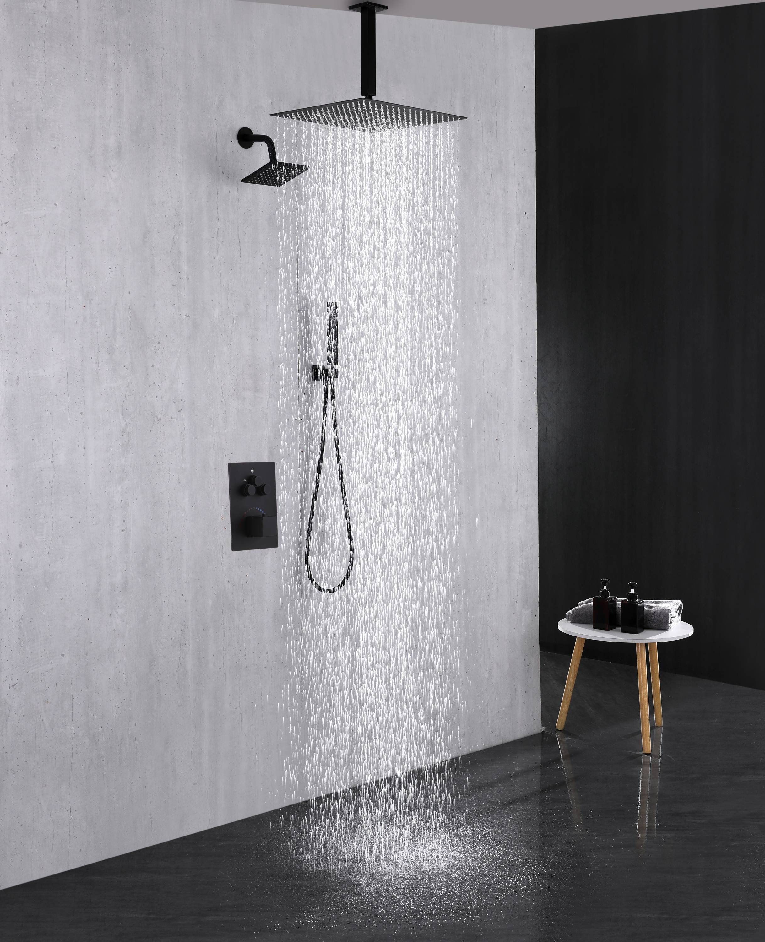 Matte black wall mount 6inch regular high water pressure shower head ceiling mount 16inch or 12 inch rainfall shower head 3 way thermostatic shower system - Image 9