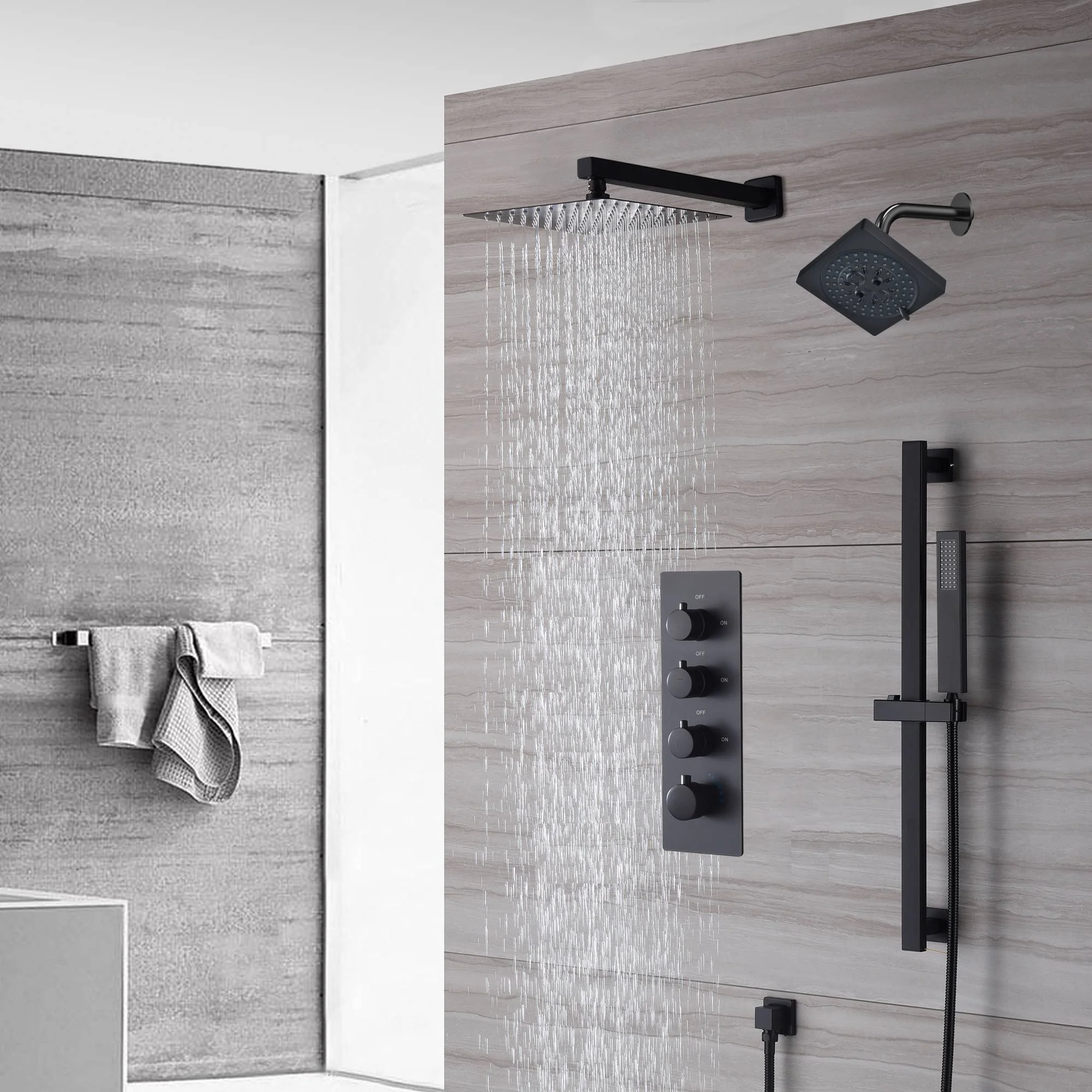 Wall-Mounted 12-Inch LED or Non-LED Rainfall Shower Head with 3-Way Thermostatic Shower System, 6-Inch High-Pressure Shower Head, and Sliding Bar in Matte Black - Image 2