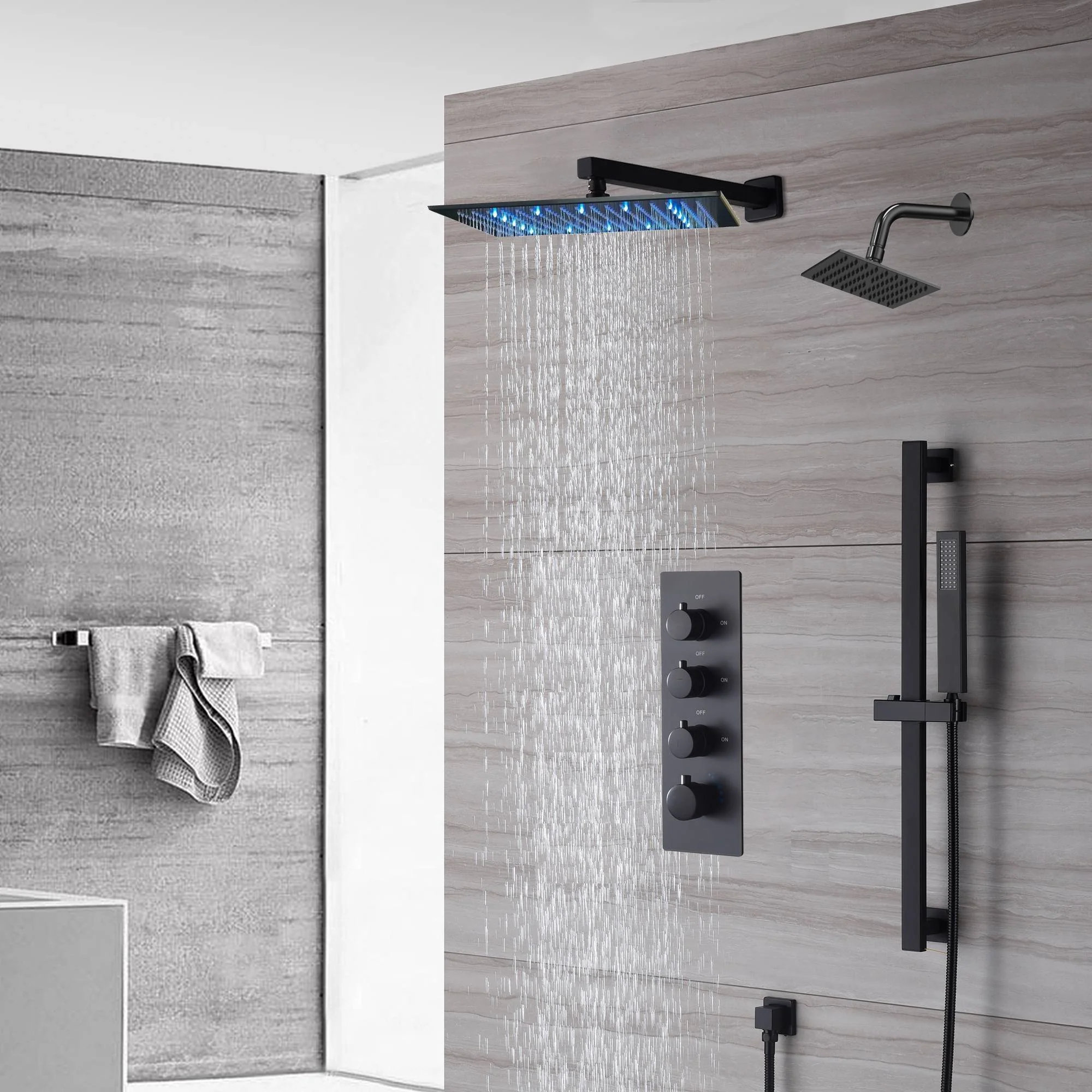 Wall-Mounted 12-Inch LED or Non-LED Rainfall Shower Head with 3-Way Thermostatic Shower System, 6-Inch High-Pressure Shower Head, and Sliding Bar in Matte Black - Image 3