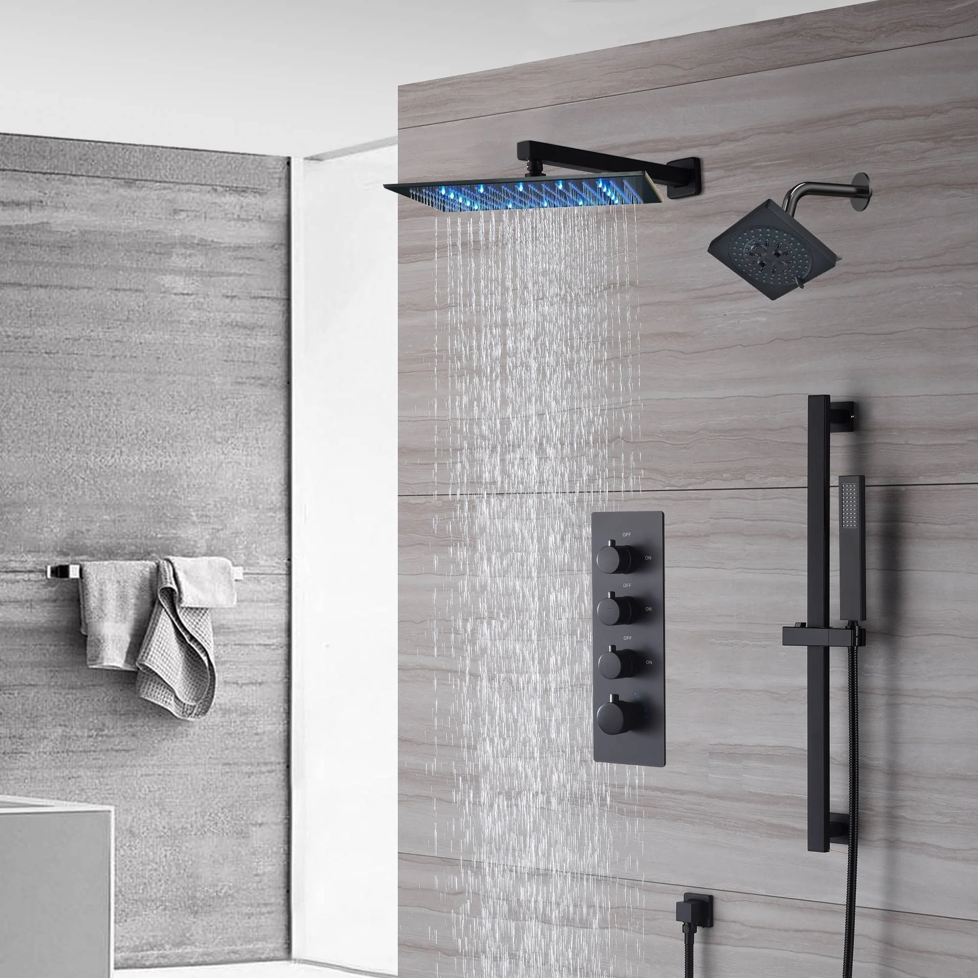 Wall-Mounted 12-Inch LED or Non-LED Rainfall Shower Head with 3-Way Thermostatic Shower System, 6-Inch High-Pressure Shower Head, and Sliding Bar in Matte Black - Image 4