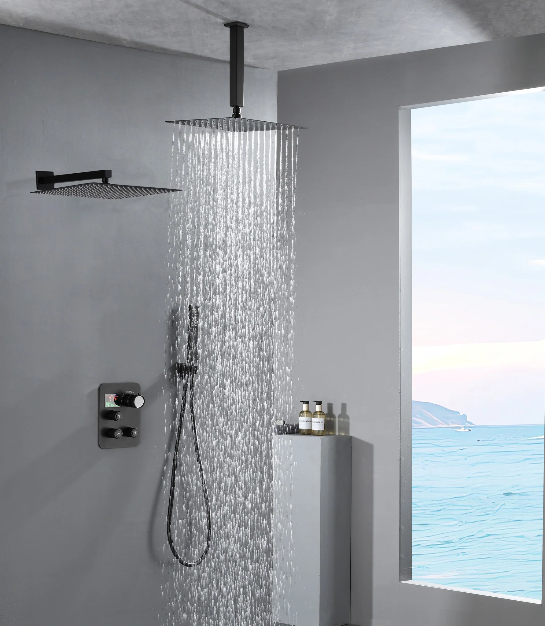 matte black wall mount rainfall shower head ceiling mount rainfall shower head 3 way thermostatic shower faucet each function work all together and separately - Image 2