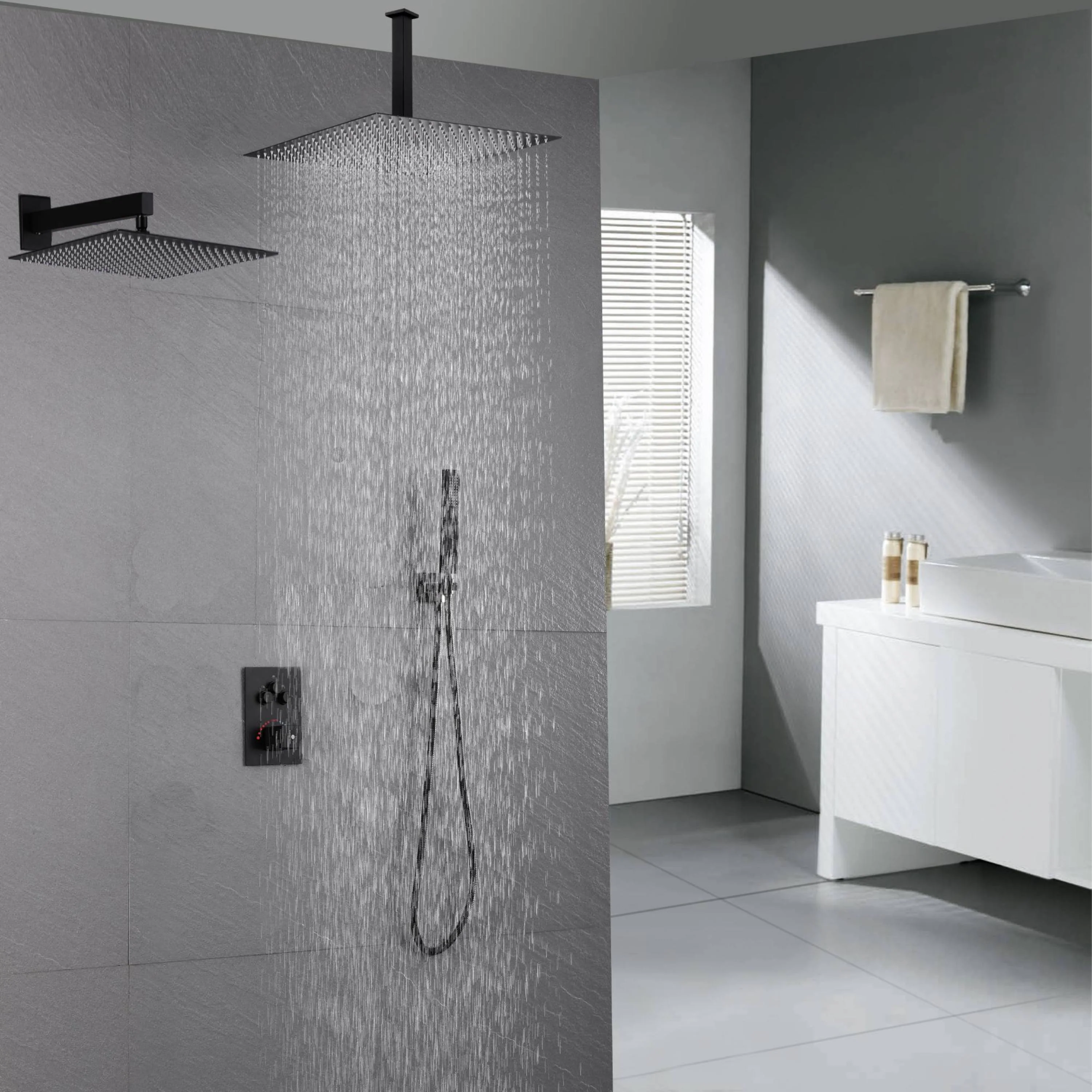 matte black wall mount rainfall shower head ceiling mount rainfall shower head 3 way thermostatic shower faucet each function work all together and separately - Image 3