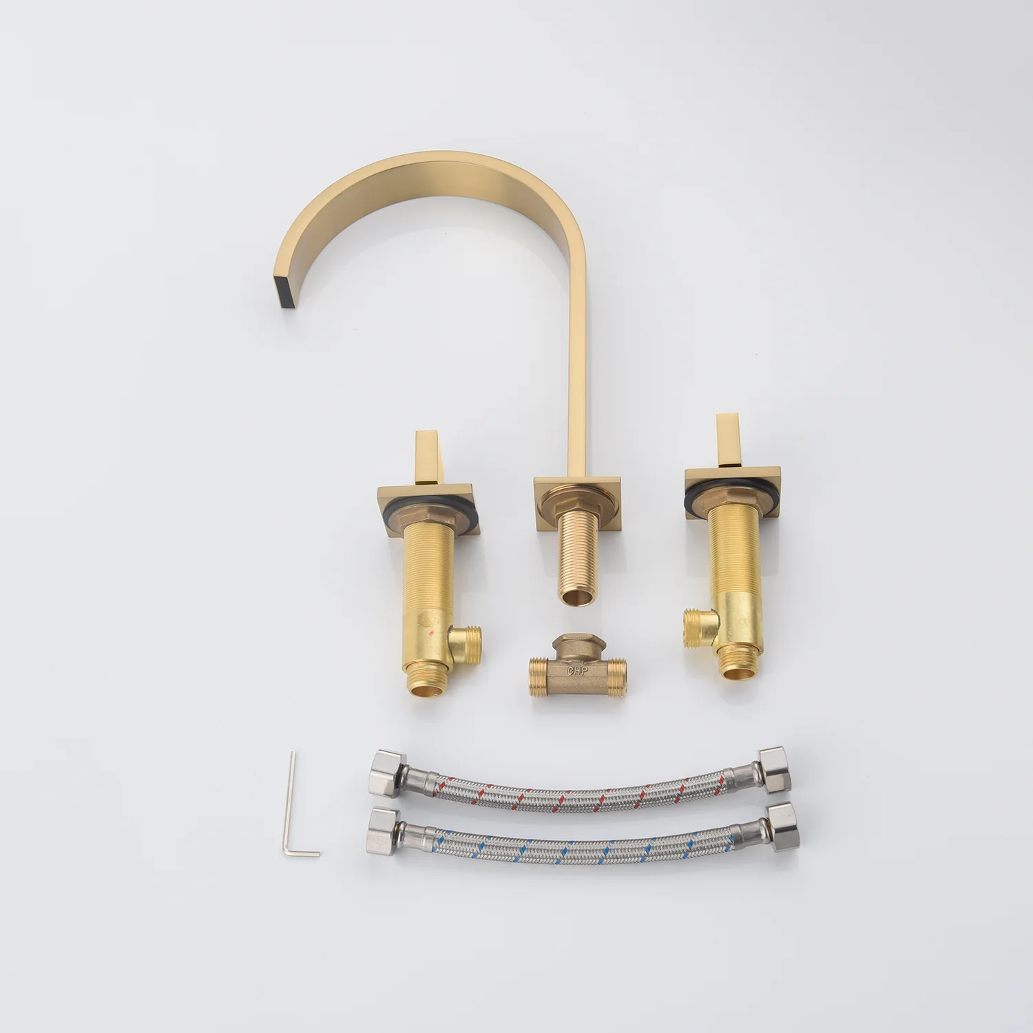 Brushed Gold Widespread Bathroom Sink Faucet: Deck Mount, 2 Handles, 3 Holes, and Pop-Up Overflow Drain Included - Image 4