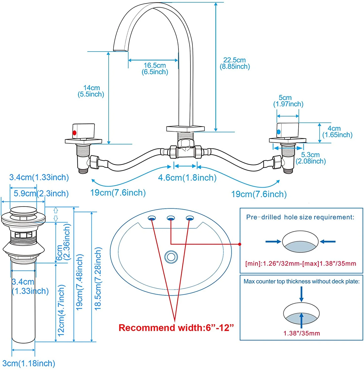 Brushed Gold Widespread Bathroom Sink Faucet: Deck Mount, 2 Handles, 3 Holes, and Pop-Up Overflow Drain Included - Image 5