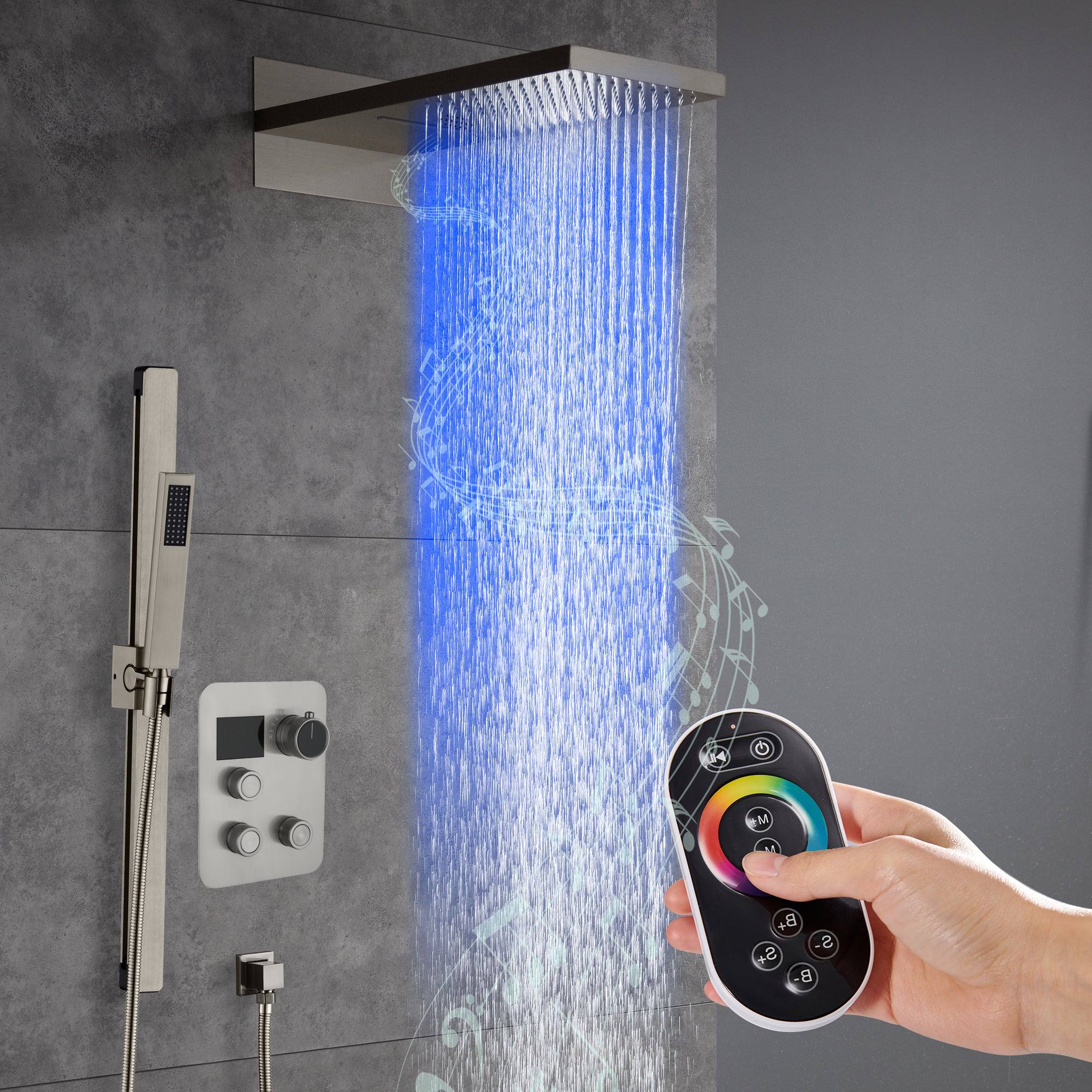 22" Bluetooth Music LED Shower System with 3-Way Thermostatic Faucet and Multiple Functions, 3 Finishes - Image 11