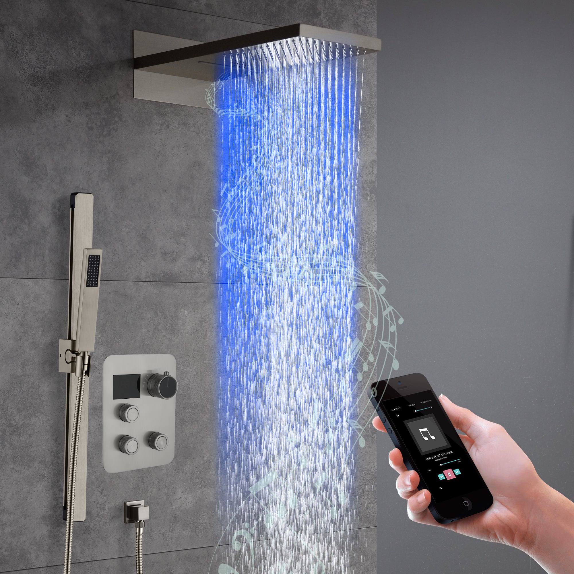 22" Bluetooth Music LED Shower System with 3-Way Thermostatic Faucet and Multiple Functions, 3 Finishes - Image 12