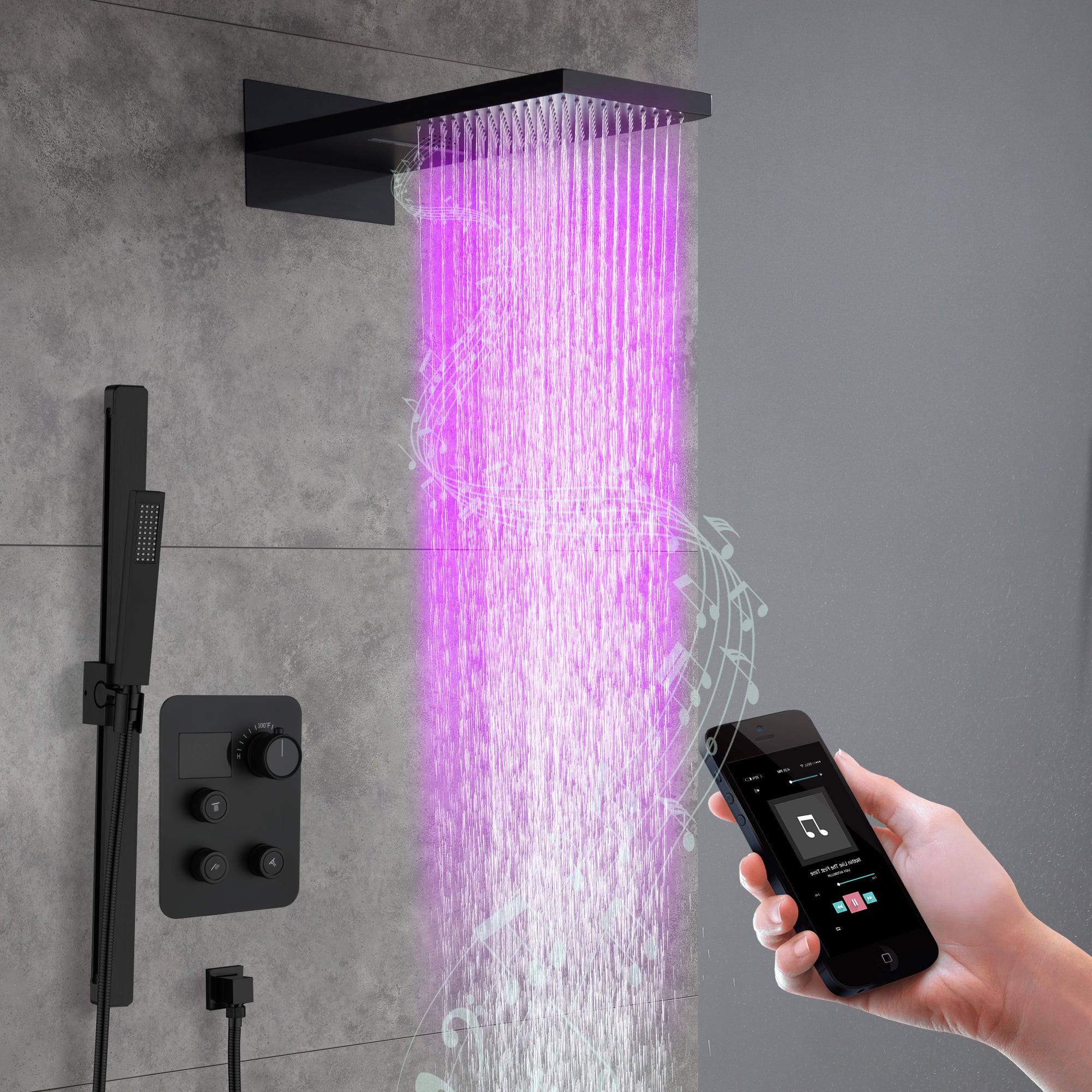 22" Bluetooth Music LED Shower System with 3-Way Thermostatic Faucet and Multiple Functions, 3 Finishes - Image 14