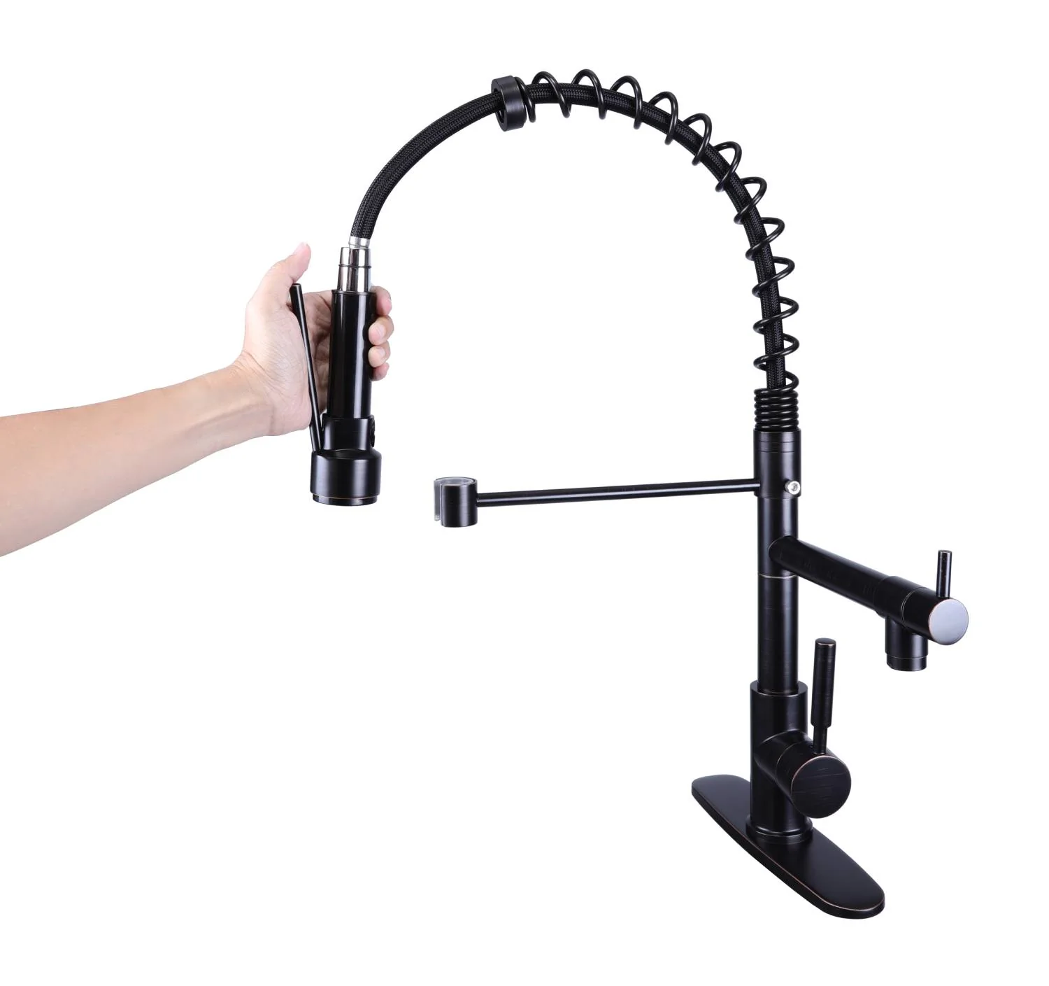 Oil Bronze Black High Arc brass Kitchen Sink Faucet Pull Down metal Spray with deck plate - Image 4