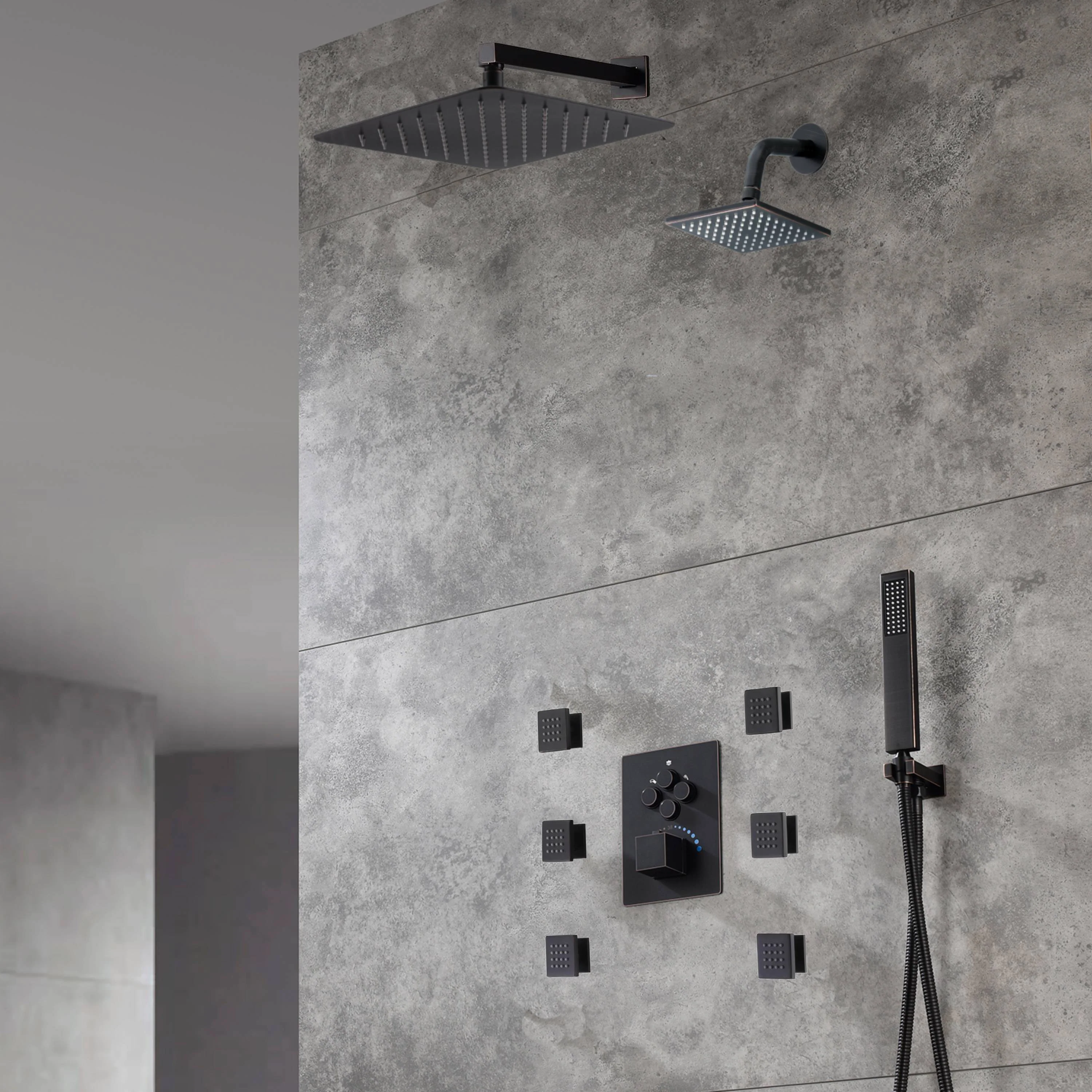 Oil Rubbed Bronze Wall Mount Rainfall Shower Head with 4-Way Thermostatic System, Body Jets, and High Water Pressure Wall Mount Shower Head - Image 2