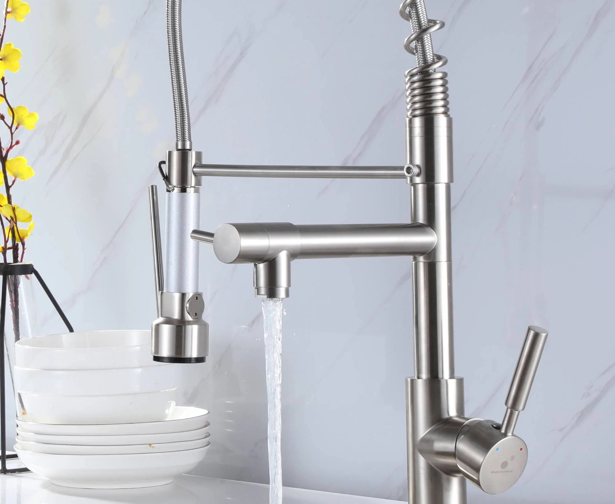 Brushed nickel High Arc brass Kitchen Sink Faucet Pull Down metal Spray with deck plate and lock ring - Image 3