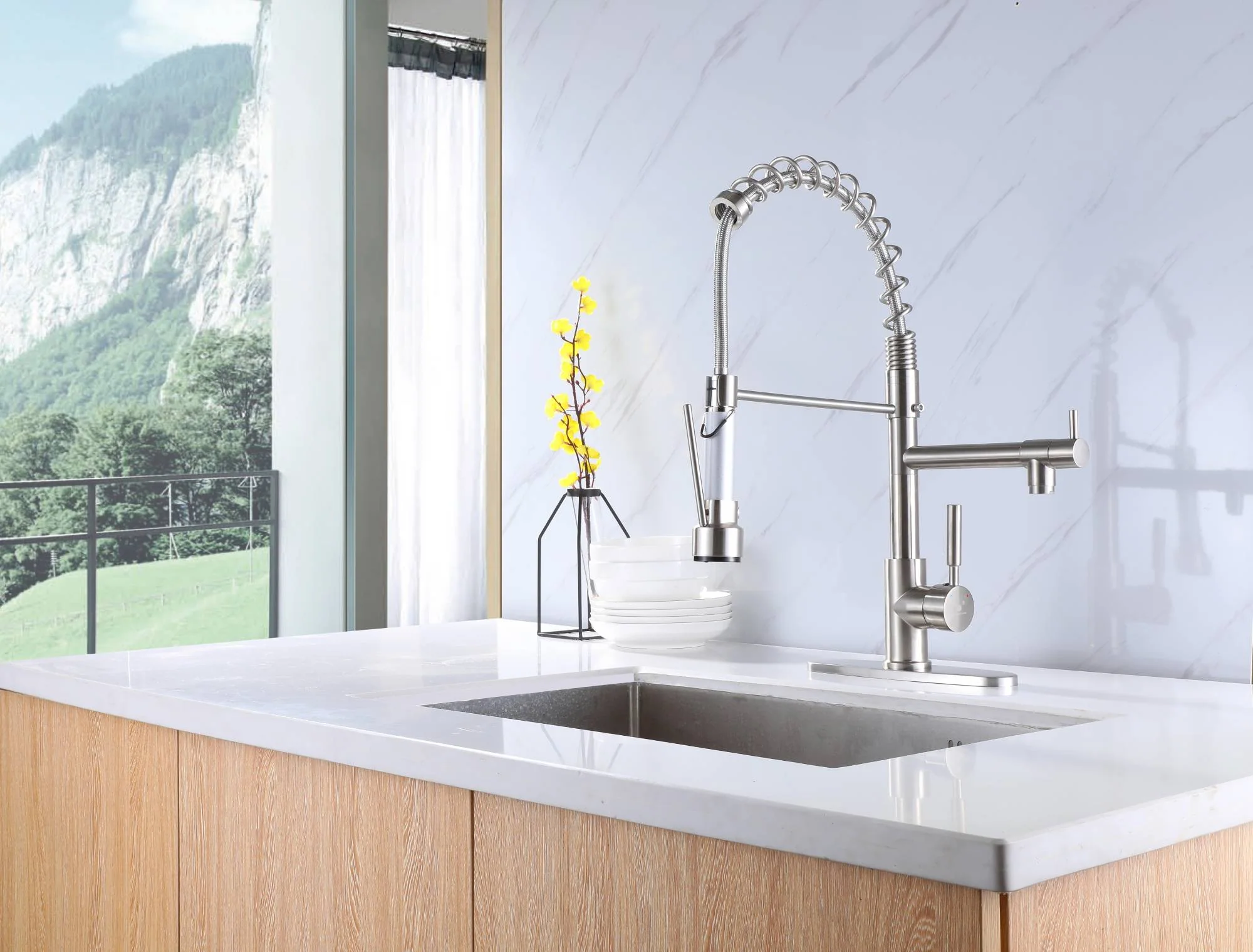Brushed nickel High Arc brass Kitchen Sink Faucet Pull Down metal Spray with deck plate and lock ring - Image 5