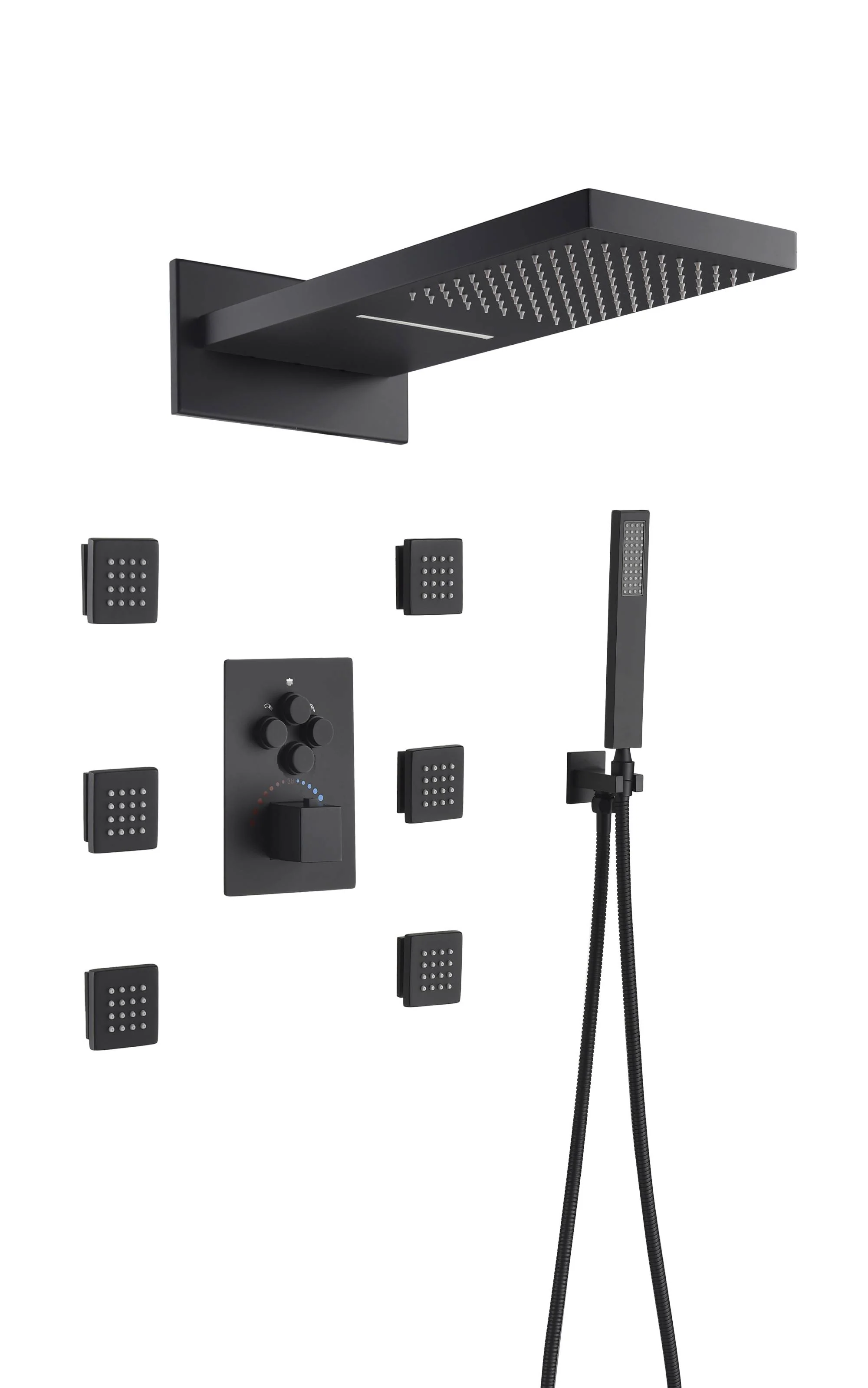22'' Matte Black 4 way Thermostatic Shower valve system that each function run at the same time and separately - Image 3