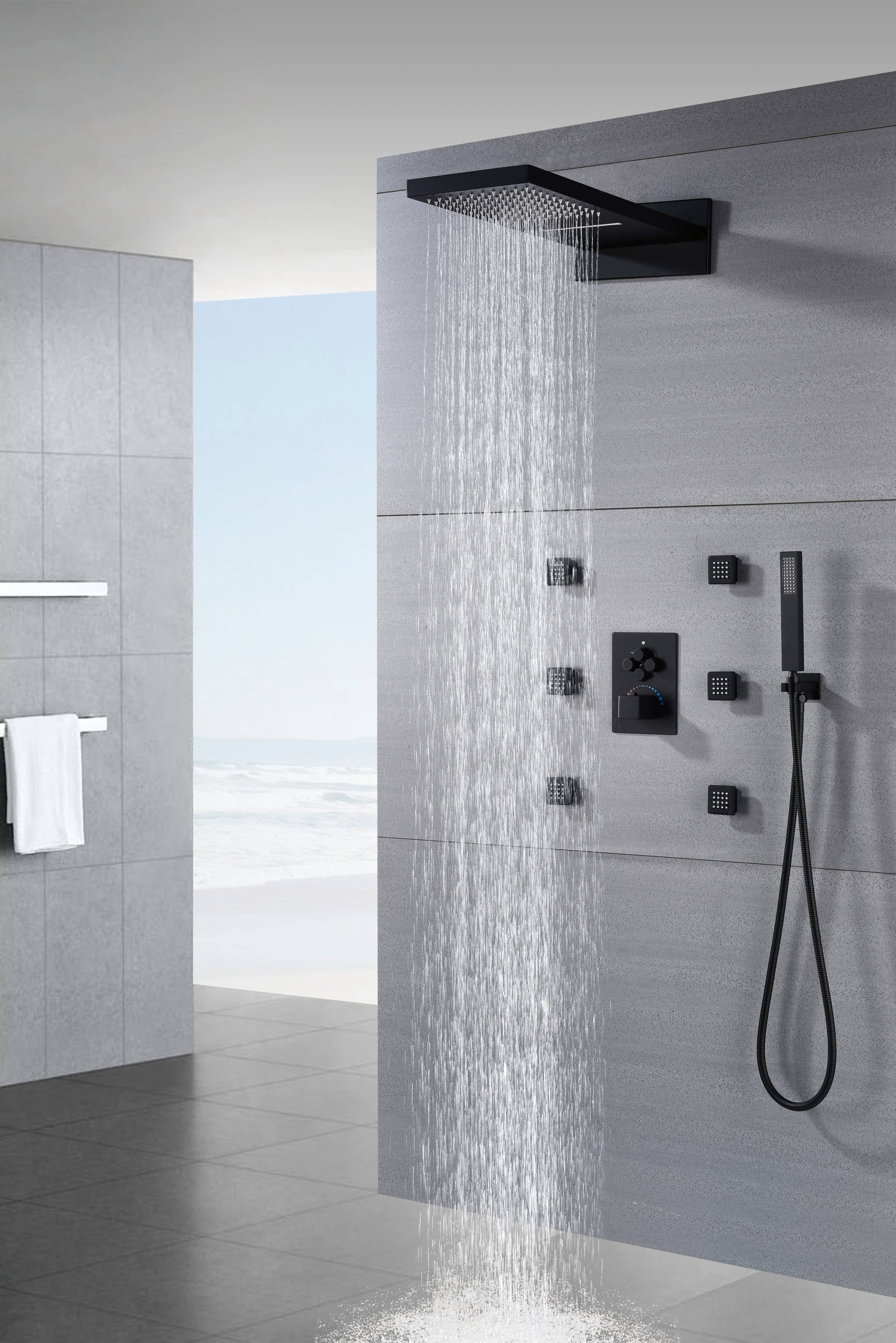22'' Matte Black 4 way Thermostatic Shower valve system that each function run at the same time and separately - Image 4