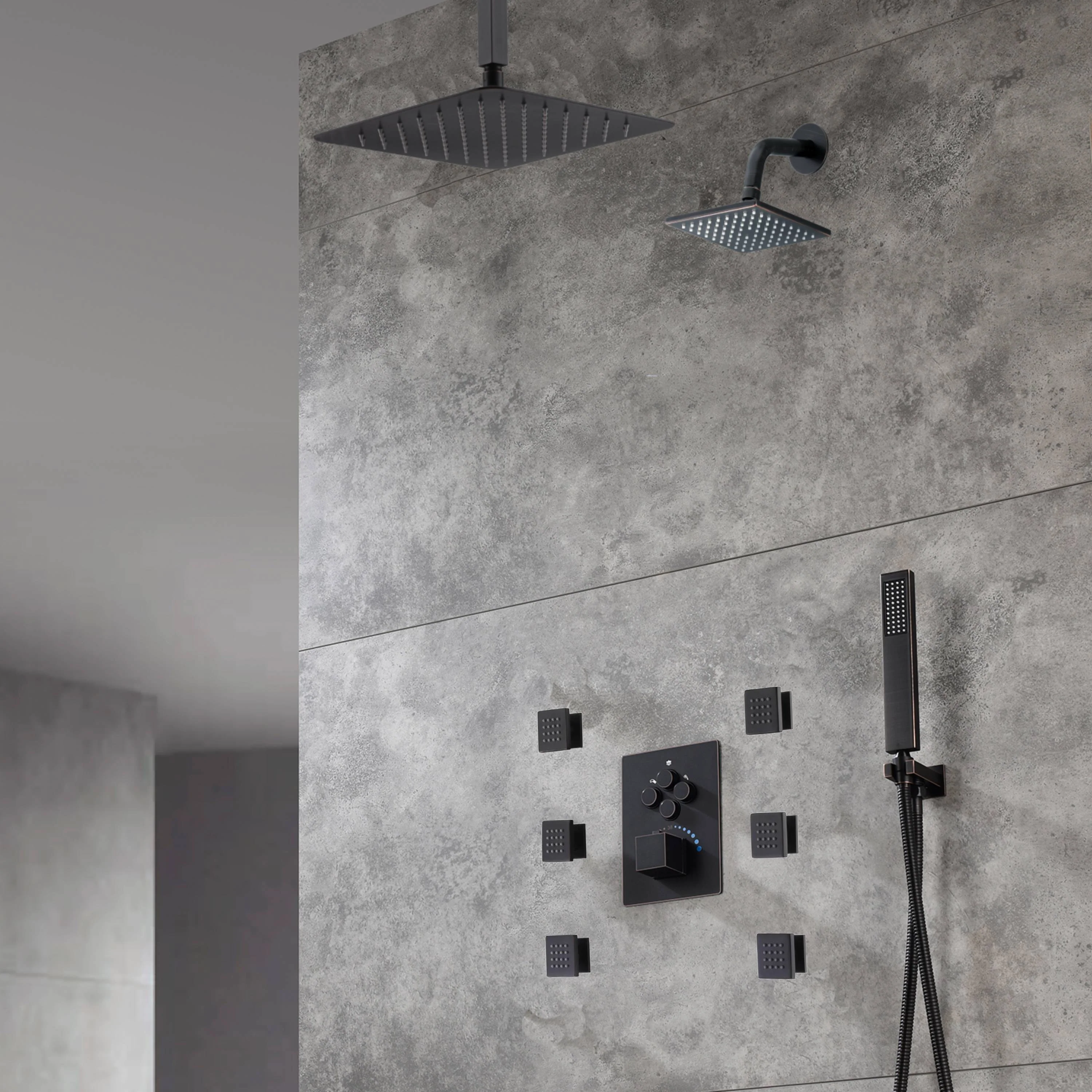 Oil Rubbed Bronze Ceiling Mount Rainfall Shower Head with 4-Way Thermostatic System, Body Jets, and High Water Pressure Wall Mount Shower Head - Image 5