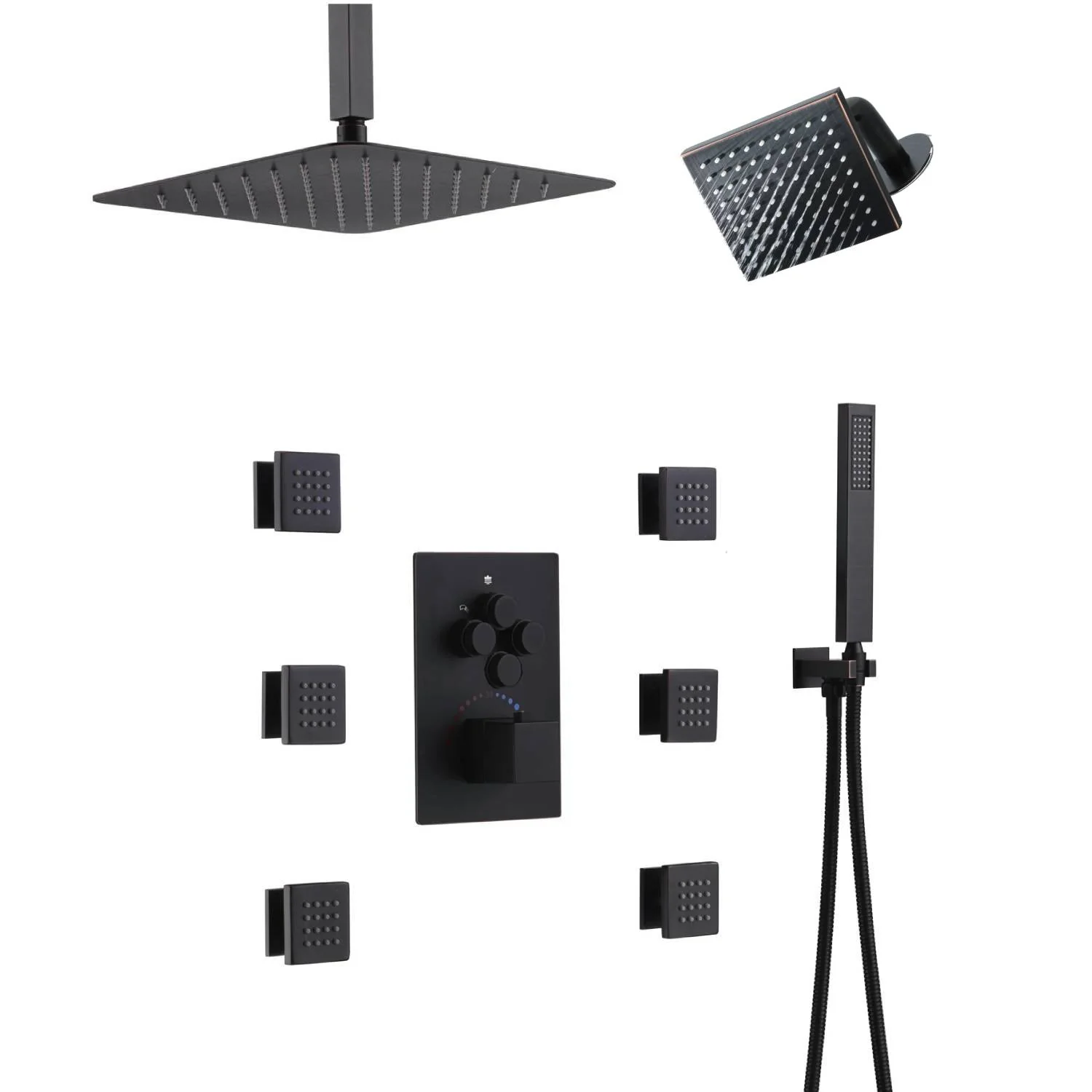 Oil Rubbed Bronze Ceiling Mount Rainfall Shower Head with 4-Way Thermostatic System, Body Jets, and High Water Pressure Wall Mount Shower Head - Image 6