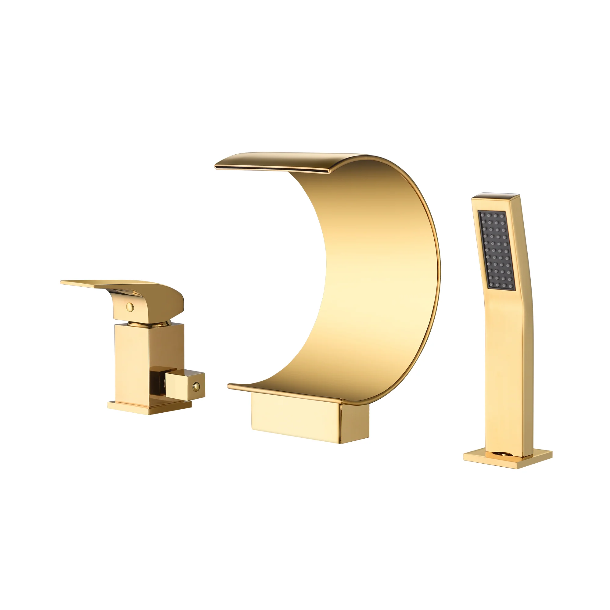 Polished Gold Bathtub Faucet Waterfall Mixer Faucet with Hand Shower Deck Mount - Image 3