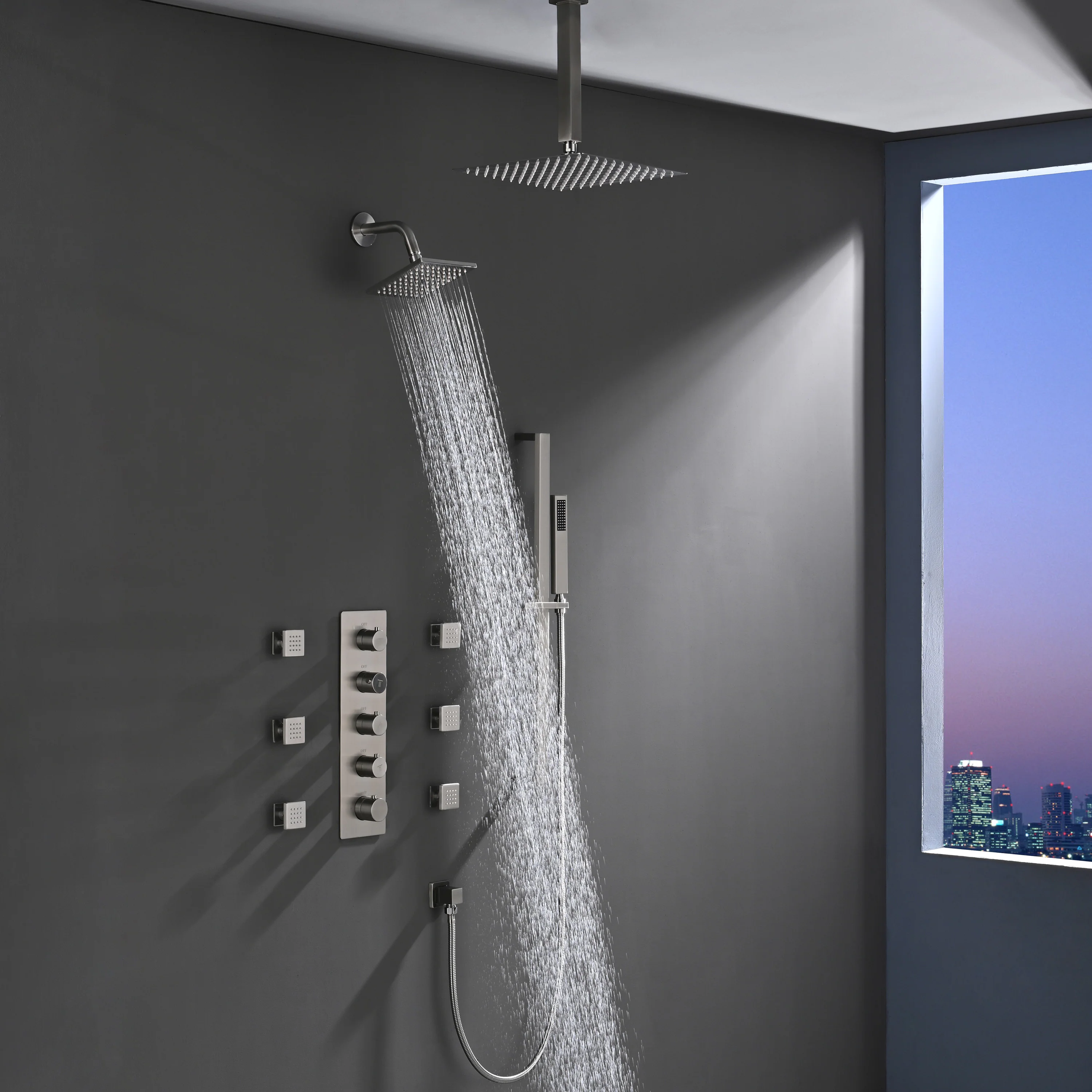 4-Way Thermostatic Shower System with 12" Rainfall Head, 6 Body Jets, Hand Shower & Slide Bar, Available in Champagne Bronze / Brushed Gold / Brushed Nickel - Image 10
