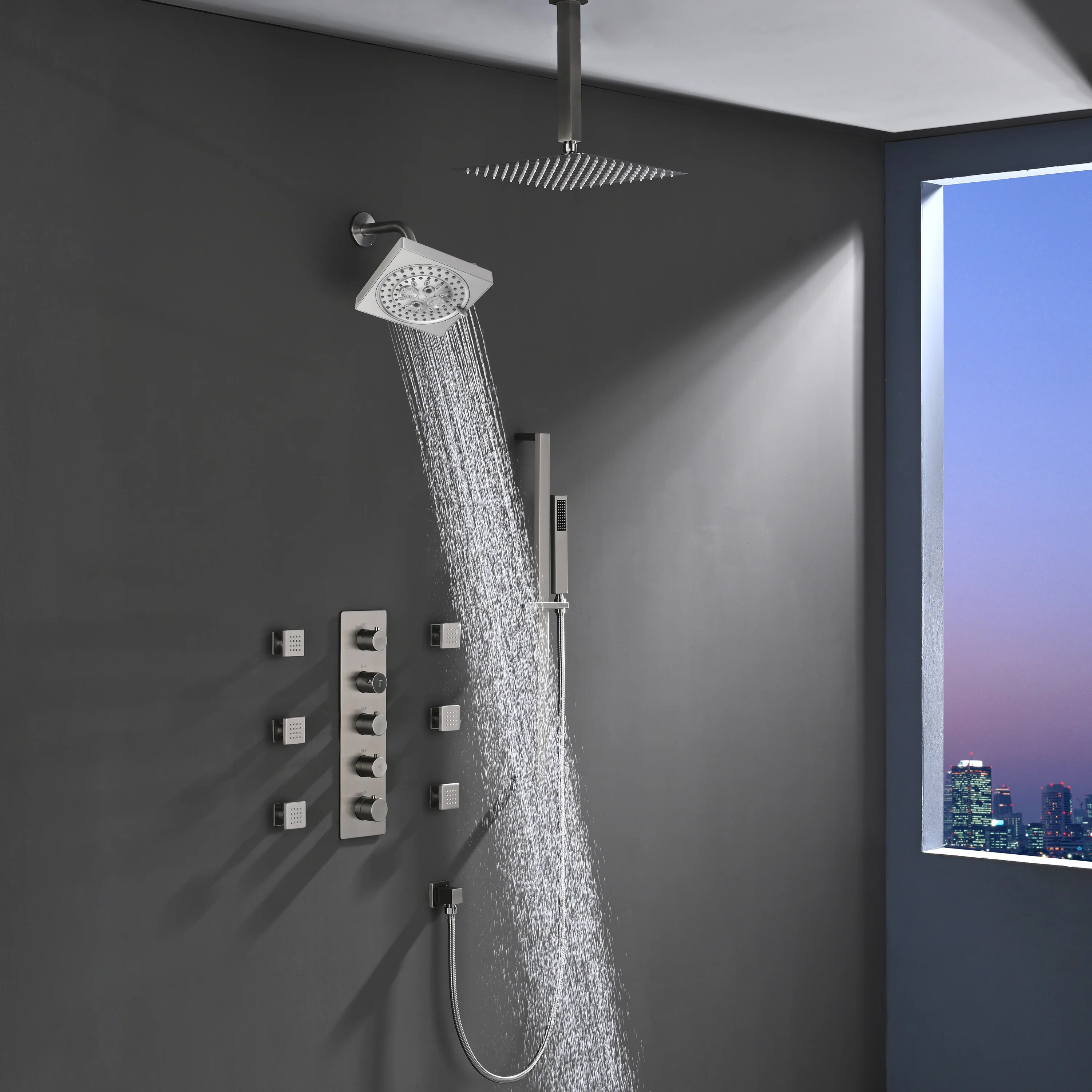 4-Way Thermostatic Shower System with 12" Rainfall Head, 6 Body Jets, Hand Shower & Slide Bar, Available in Champagne Bronze / Brushed Gold / Brushed Nickel - Image 11