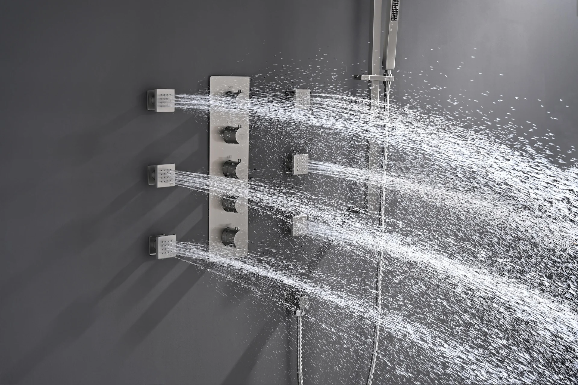 4-Way Thermostatic Shower System with 12" Rainfall Head, 6 Body Jets, Hand Shower & Slide Bar, Available in Champagne Bronze / Brushed Gold / Brushed Nickel - Image 12