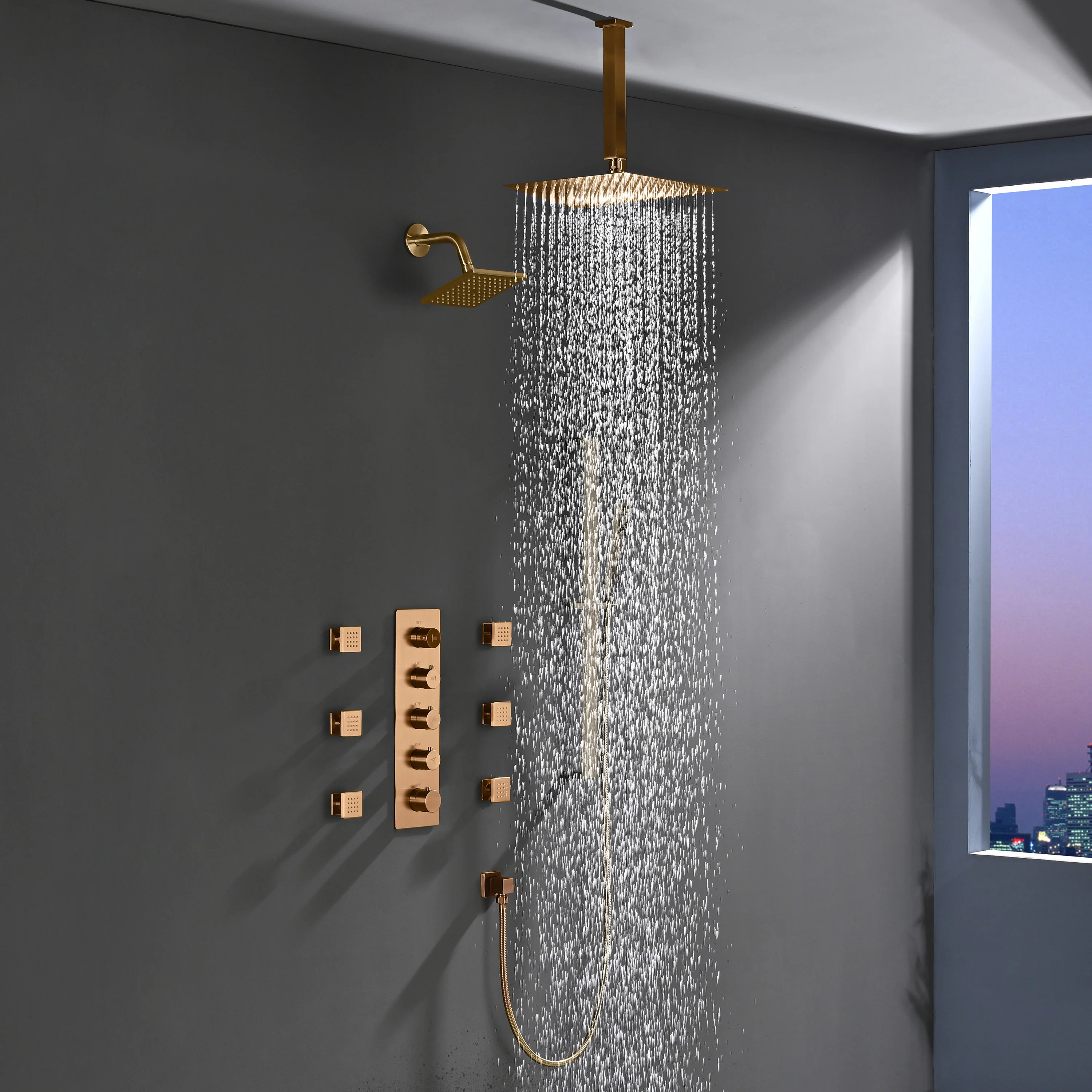 4-Way Thermostatic Shower System with 12" Rainfall Head, 6 Body Jets, Hand Shower & Slide Bar, Available in Champagne Bronze / Brushed Gold / Brushed Nickel - Image 15