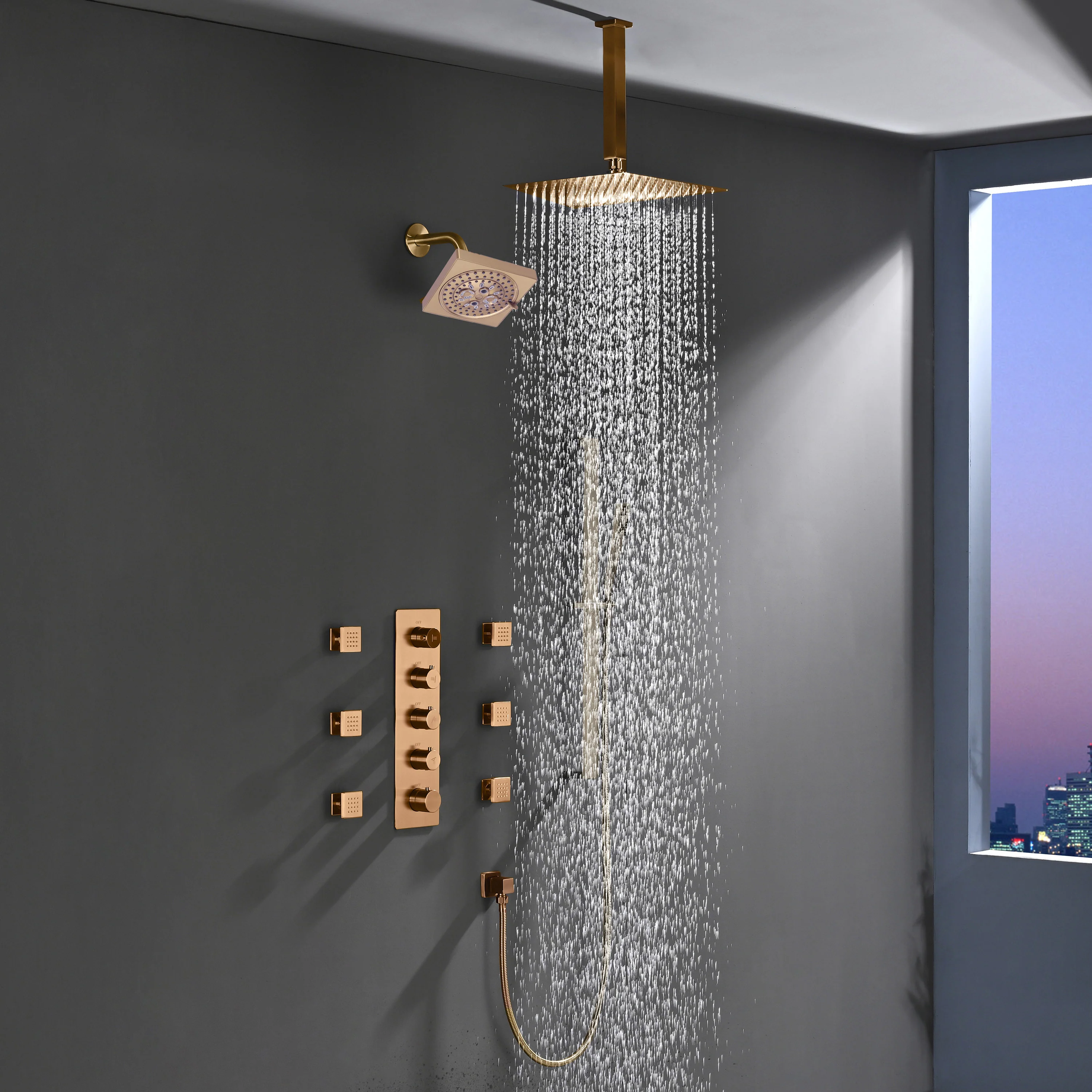 4-Way Thermostatic Shower System with 12" Rainfall Head, 6 Body Jets, Hand Shower & Slide Bar, Available in Champagne Bronze / Brushed Gold / Brushed Nickel - Image 16