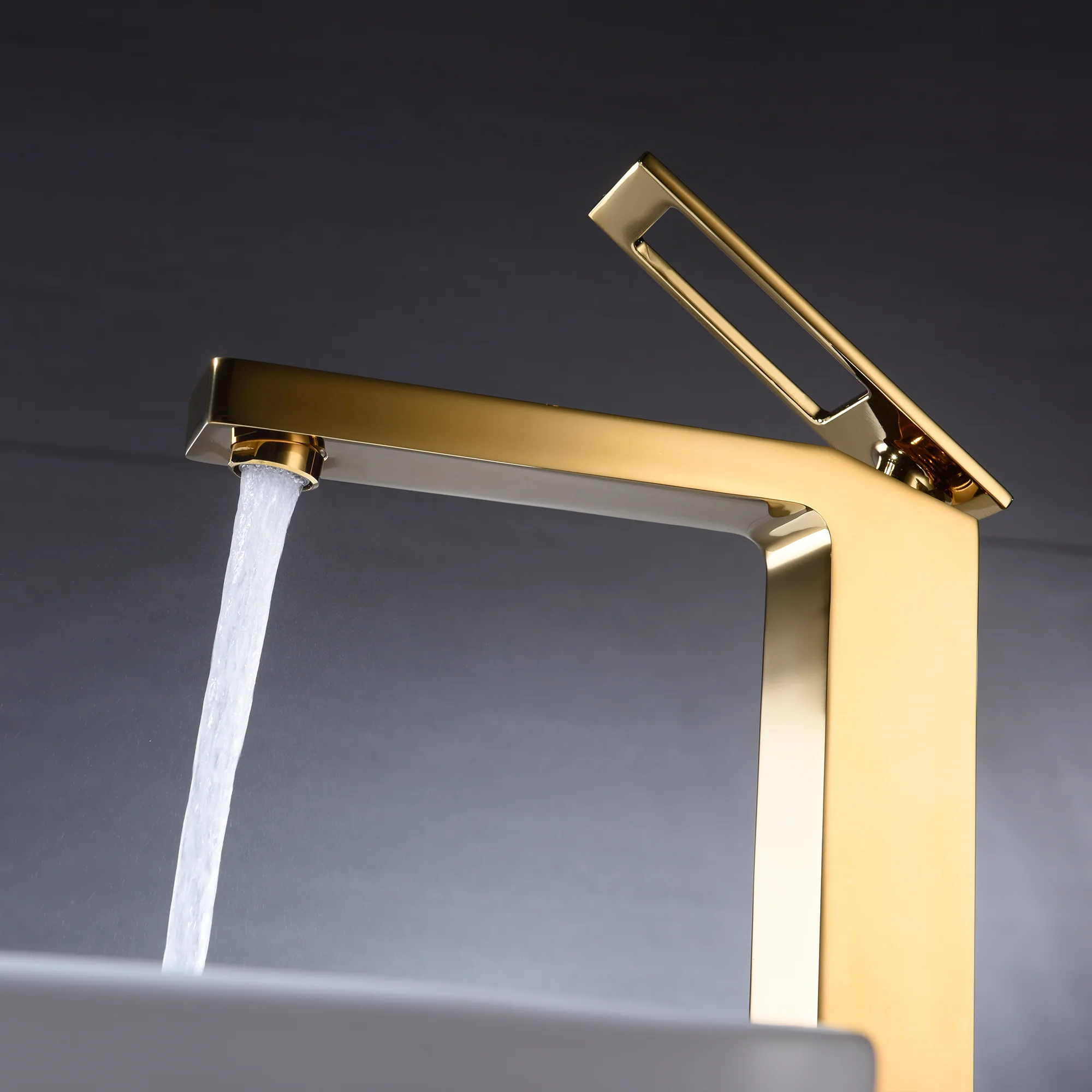 High Neck Polished Gold Single Handle Vessel Bathroom Sink Faucet with Deck Mount and Brass Pop-Up Overflow Drain - Image 3