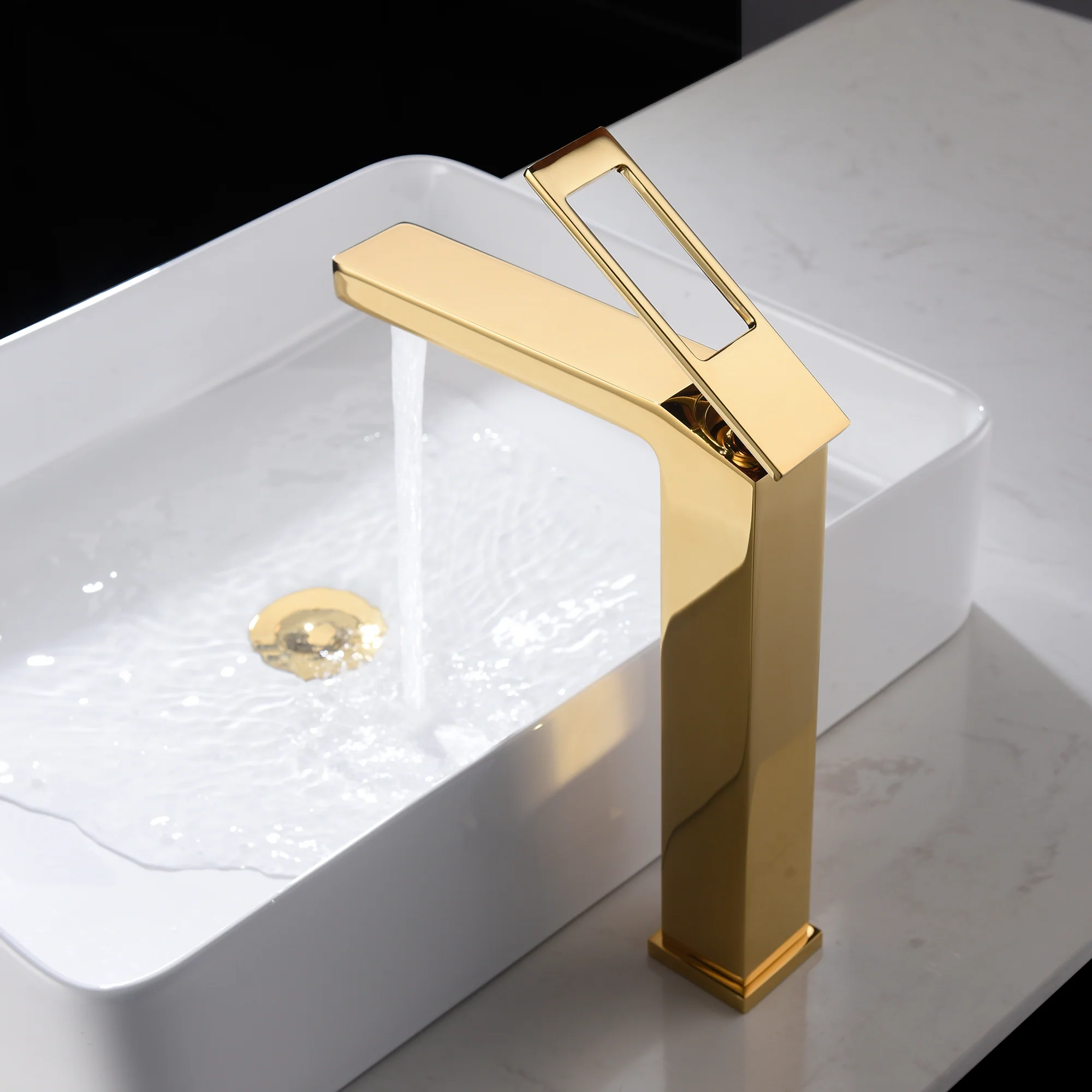 High Neck Polished Gold Single Handle Vessel Bathroom Sink Faucet with Deck Mount and Brass Pop-Up Overflow Drain - Image 4