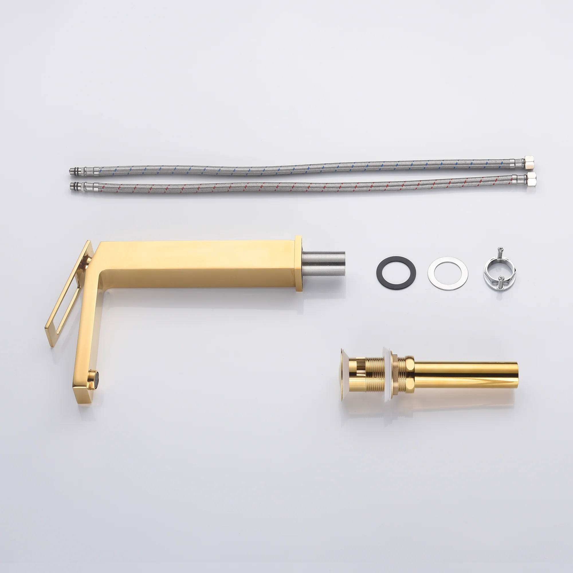 High Neck Polished Gold Single Handle Vessel Bathroom Sink Faucet with Deck Mount and Brass Pop-Up Overflow Drain - Image 5