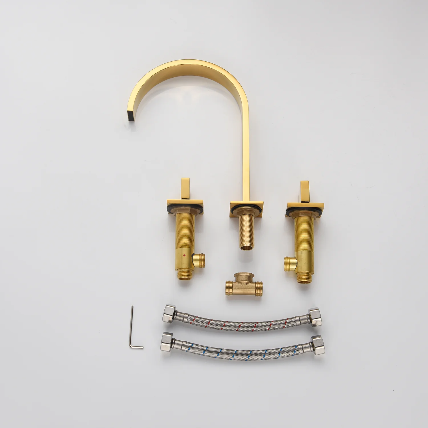 Polished Gold Waterfall Widespread Bathroom Basin Faucet with Two Handles and Brass Pop-Up Overflow Drain - Image 3