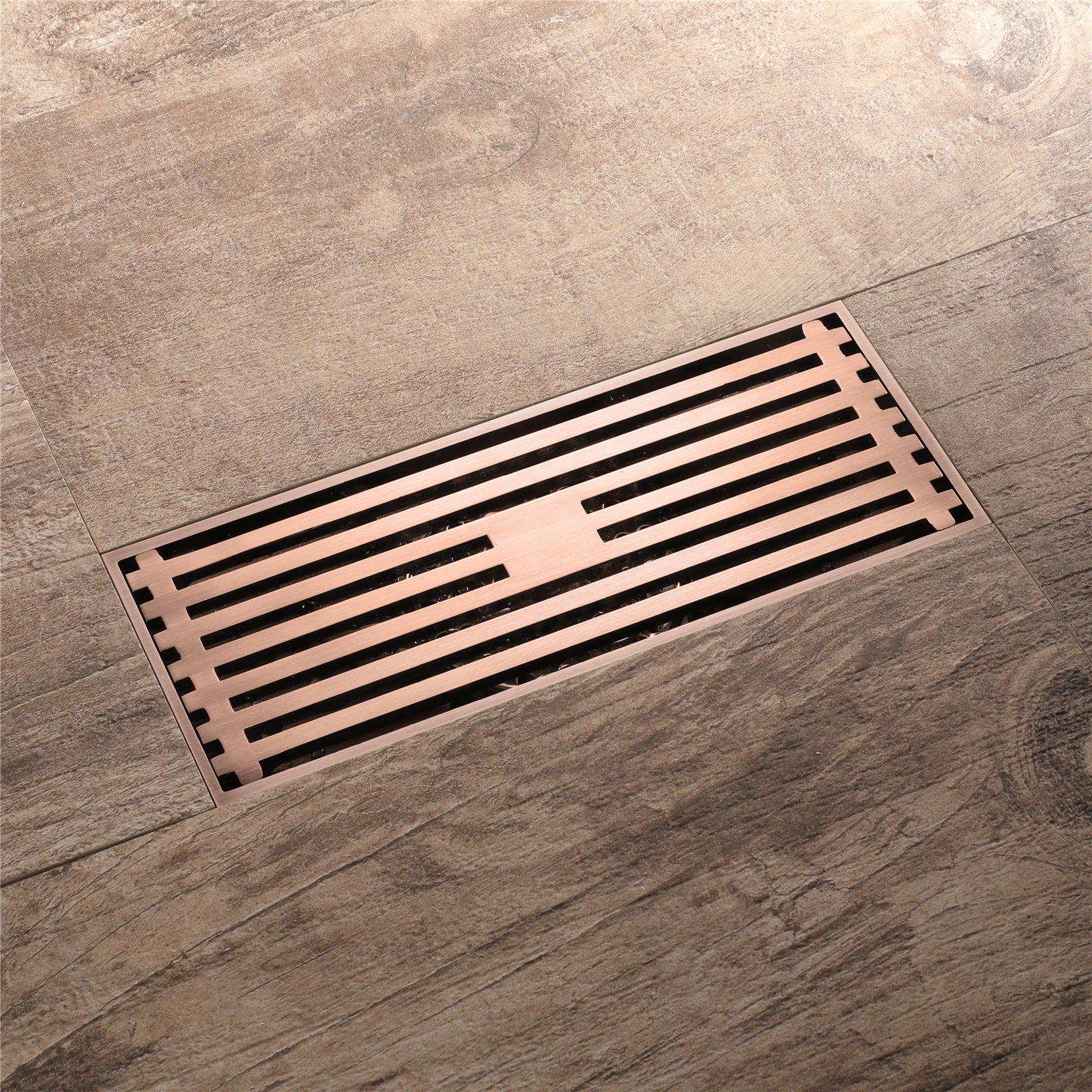 8 Inch Shower Linear Rose Gold Drain Rectangular Floor Drain with Accessories Square Hole Pattern Cover Grate Removable Brushed Nickel Brass