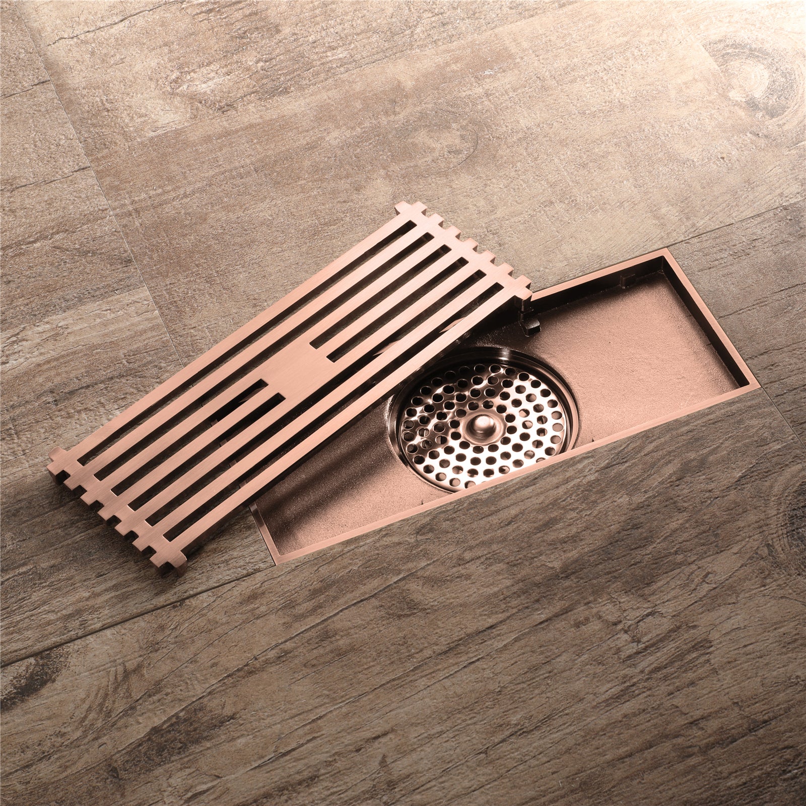 8 Inch Shower Linear Rose Gold Drain Rectangular Floor Drain with Accessories Square Hole Pattern Cover Grate Removable Brushed Nickel Brass - Image 2