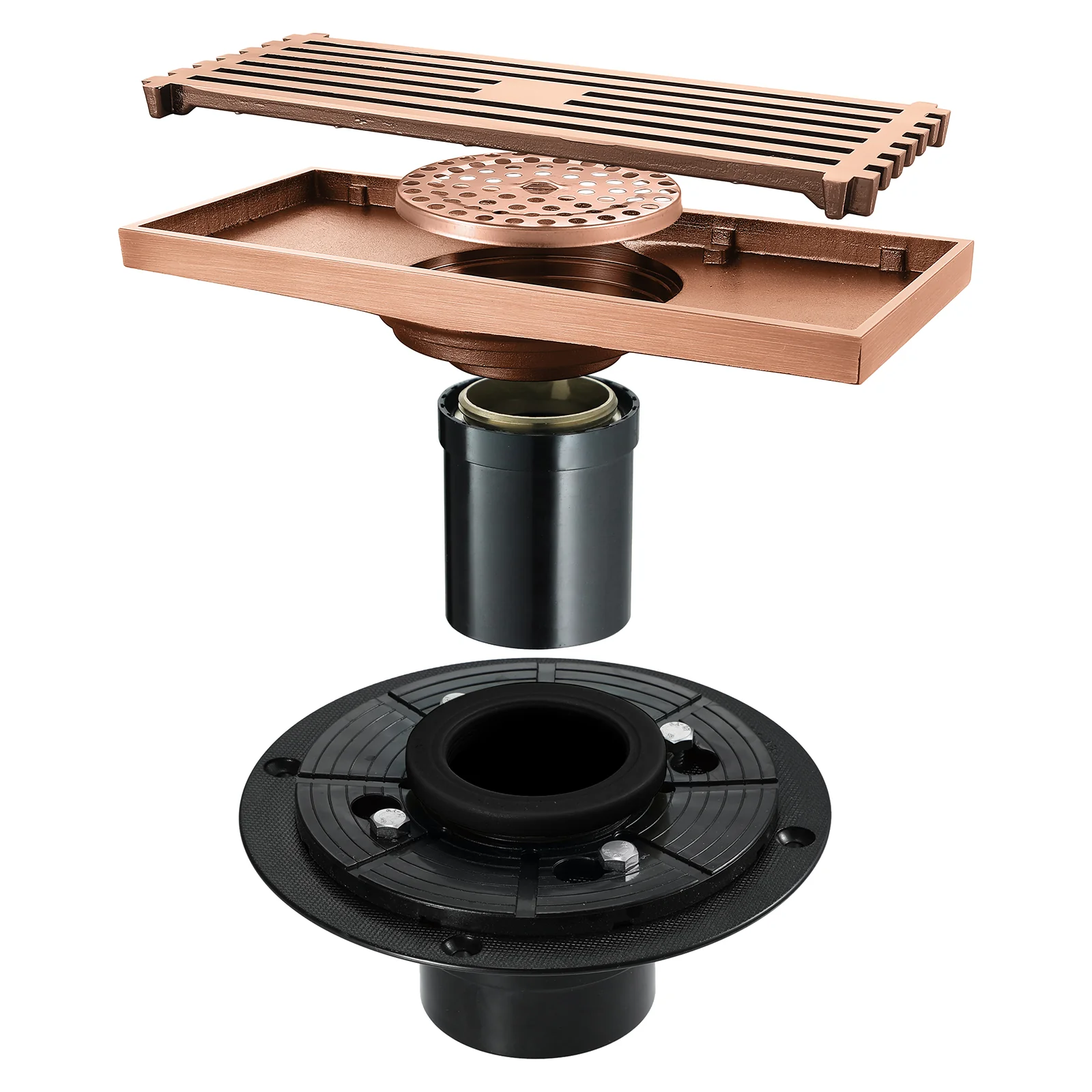 8 Inch Shower Linear Rose Gold Drain Rectangular Floor Drain with Accessories Square Hole Pattern Cover Grate Removable Brushed Nickel Brass - Image 3