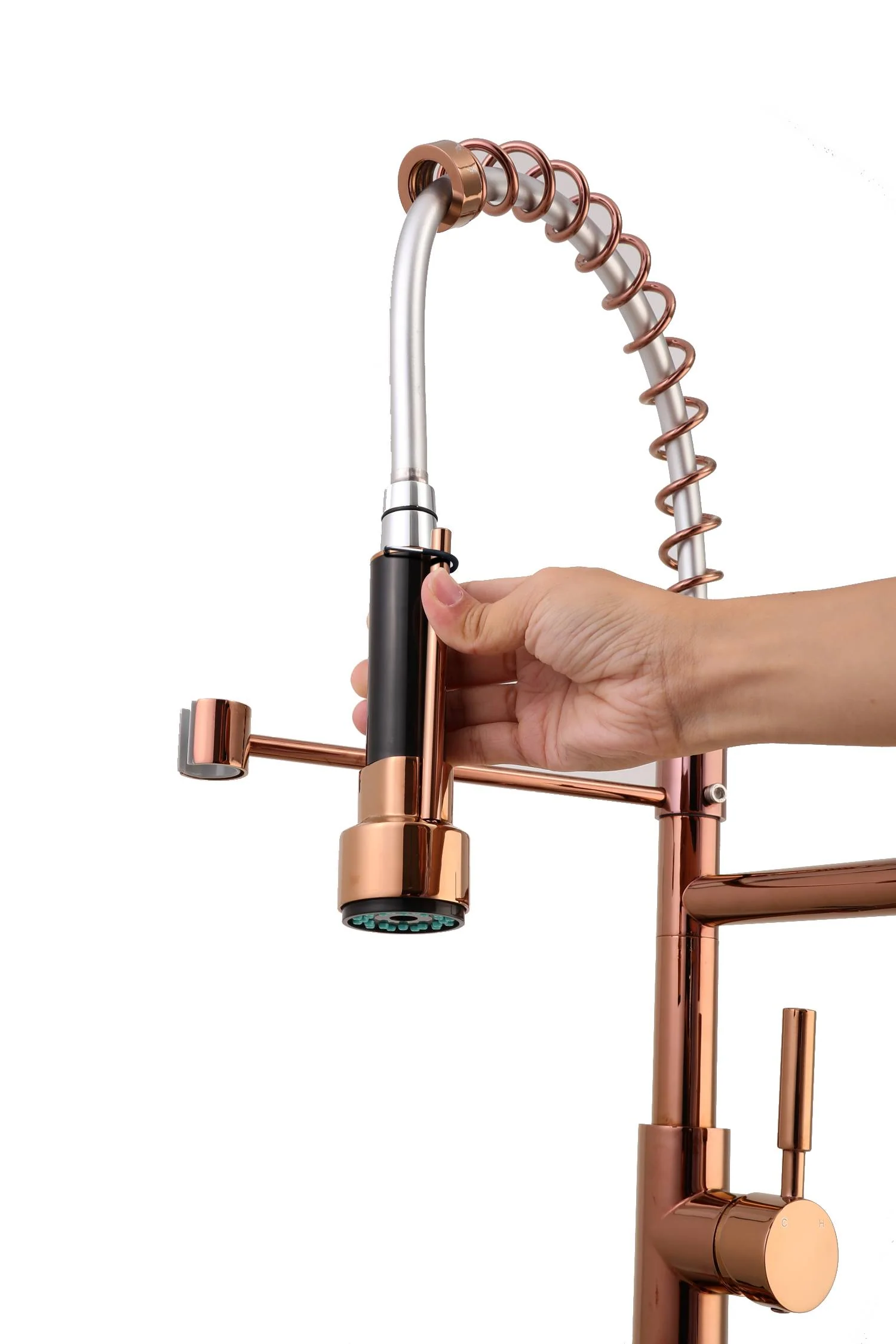 Rose Gold High Arc brass Kitchen Sink Faucet Pull Down Spray with lock ring and deck plate - Image 3