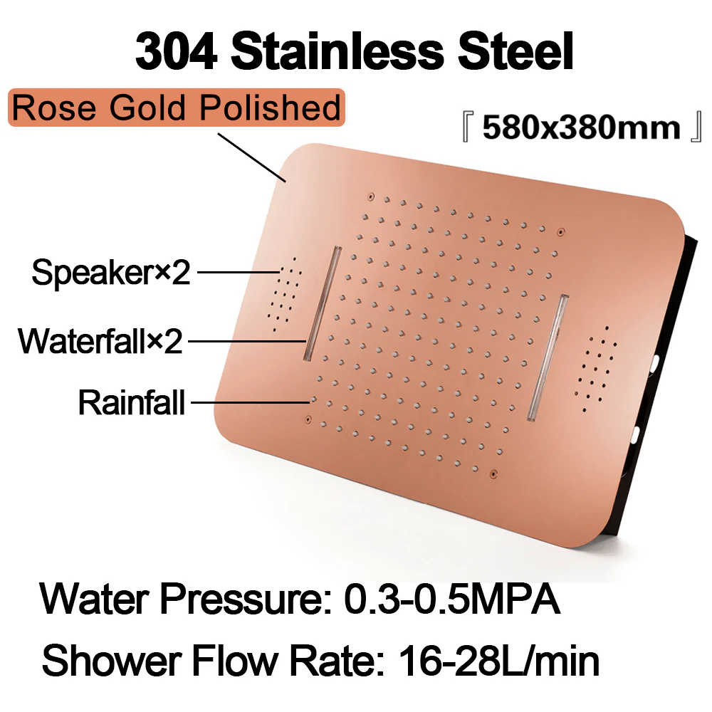 Rose Gold Music 64 LED 5-Way Thermostatic Shower System | Flushed In 23X 15-Inch Shower Head | regular head and body jets - Image 3