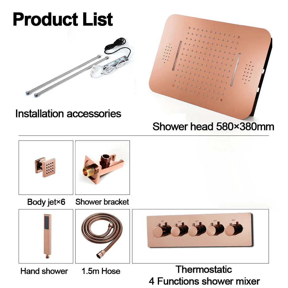 Rose Gold Music 64 LED 5-Way Thermostatic Shower System | Flushed In 23X 15-Inch Shower Head | regular head and body jets - Image 5