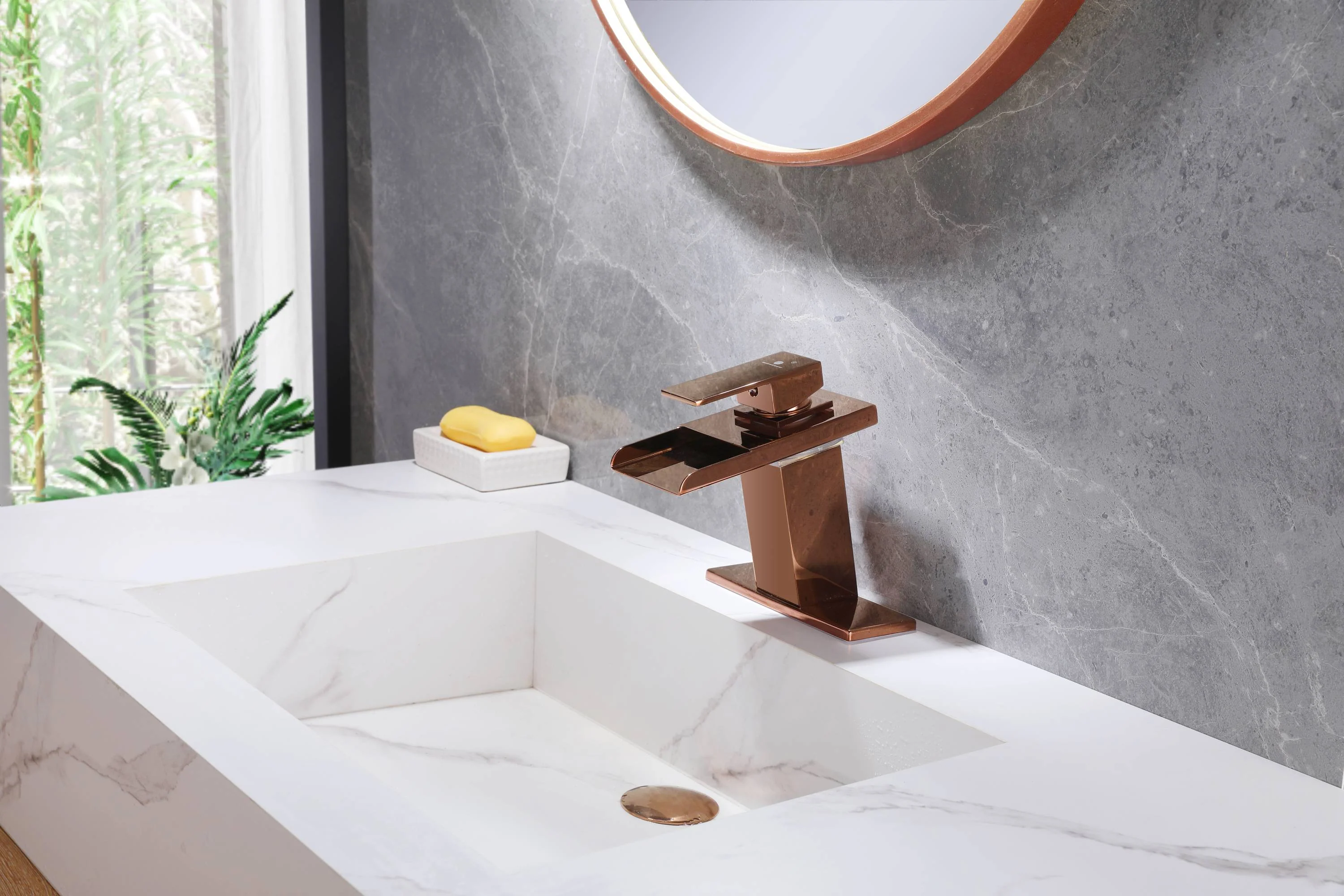 Rose Gold LED Waterfall Single Handle Single Hole Bathroom Sink Faucet with Drain And Cover Plate - Image 3