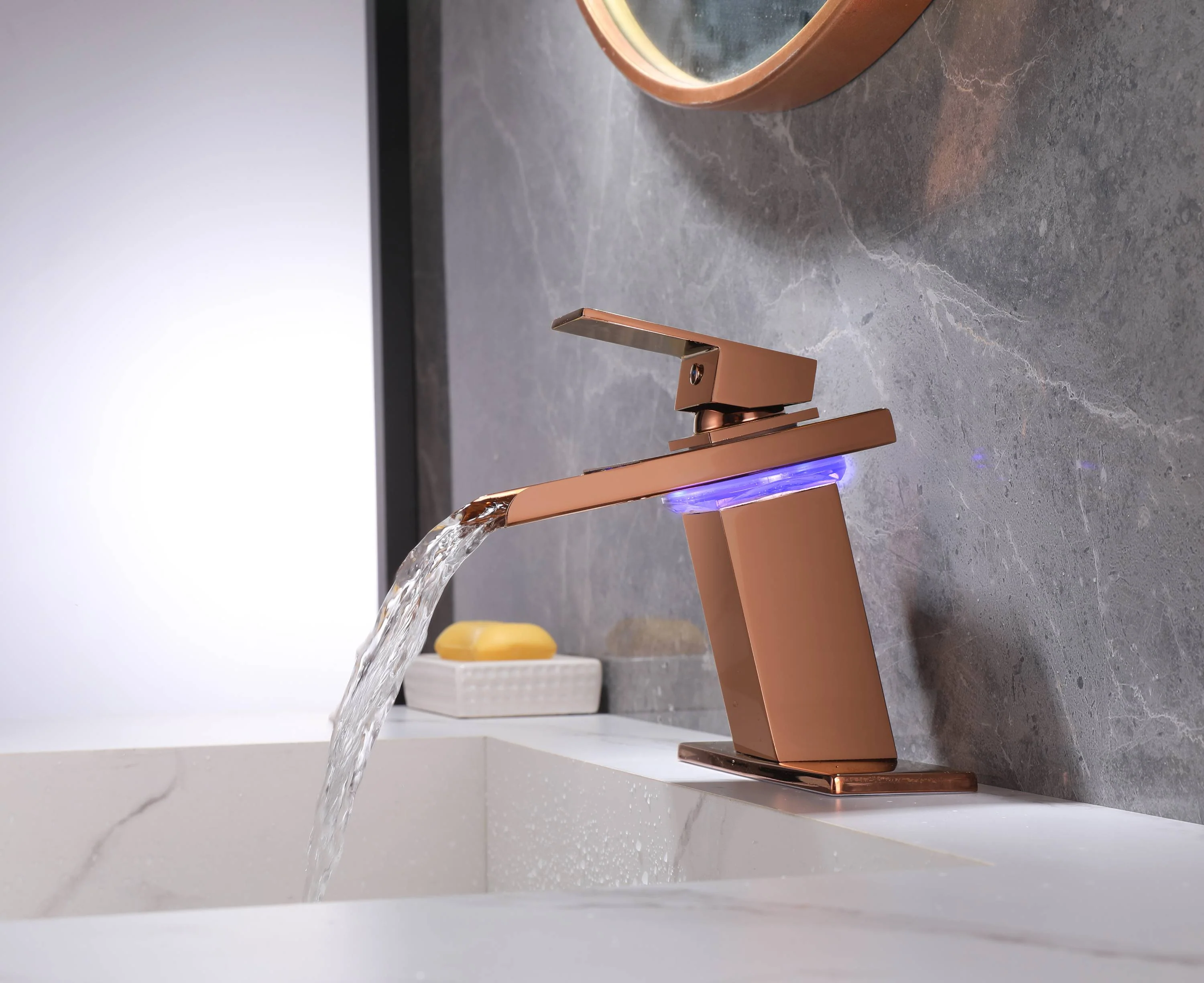 Rose Gold LED Waterfall Single Handle Single Hole Bathroom Sink Faucet with Drain And Cover Plate - Image 4