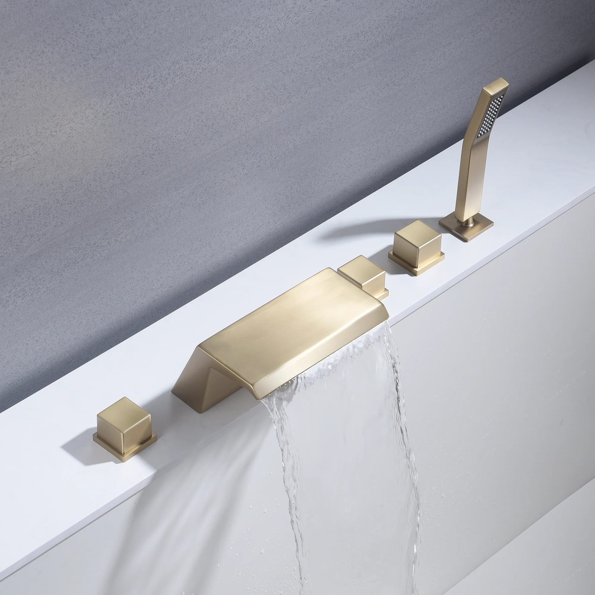 Waterfall Tub Filler Bathtub Faucet Brushed Gold 5-Hole 3-Handle Solid Brass Bathroom Bath Tub Faucets Mixer Tap with Hand Shower - Image 3