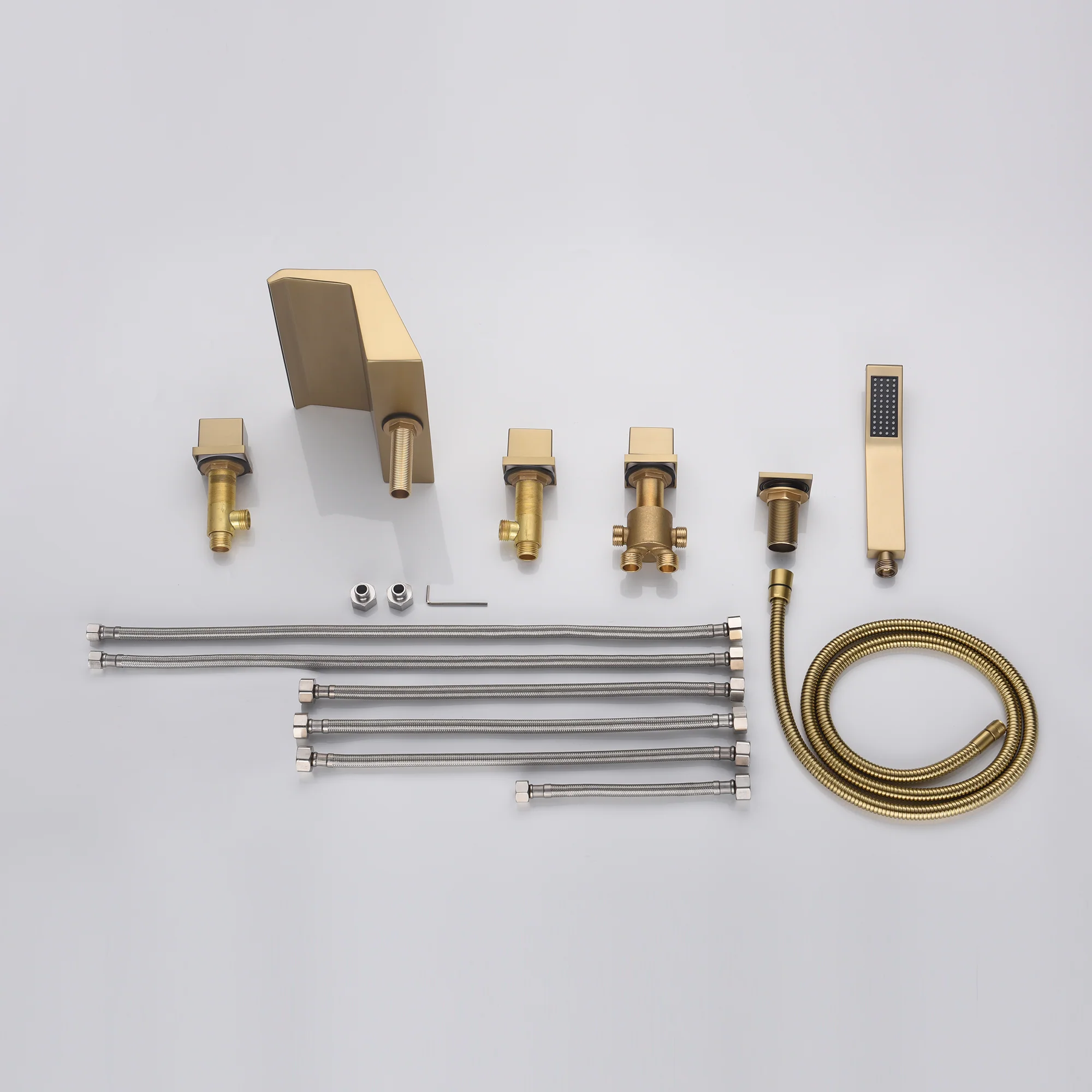 Waterfall Tub Filler Bathtub Faucet Brushed Gold 5-Hole 3-Handle Solid Brass Bathroom Bath Tub Faucets Mixer Tap with Hand Shower - Image 4