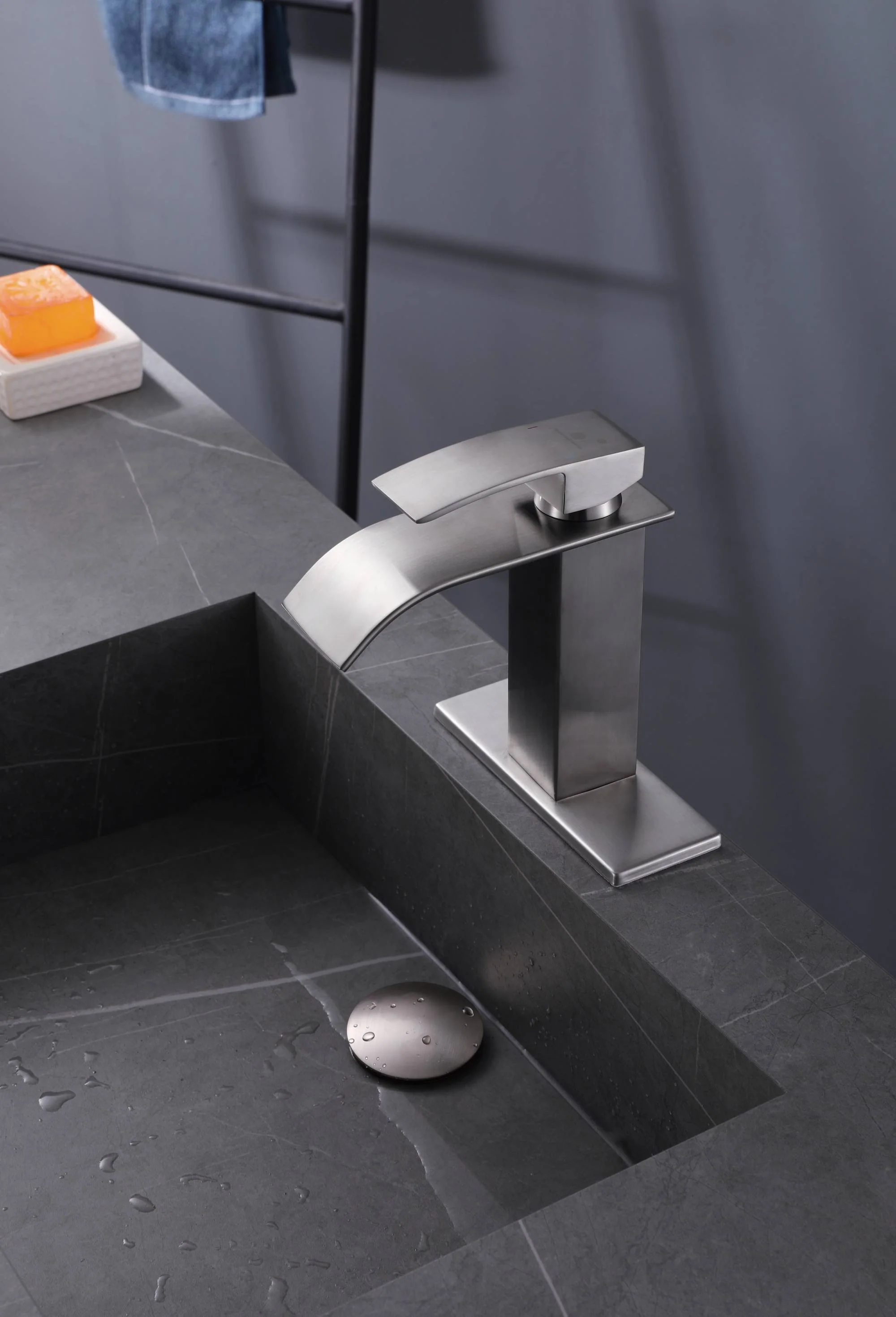 Brushed nickel or matte black or brushed gold waterfall Bathroom Faucet brass with plate and brass pop up drain - Image 3