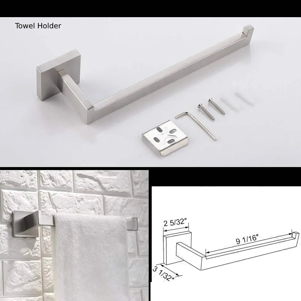 Luxurious 4-Piece Squre Brushed Nickel Bathroom Hardware Set: Towel Bar, Towel Ring, Toilet Paper Holder, Robe Hook, and Tower Holder - Wall Mounted - Image 5