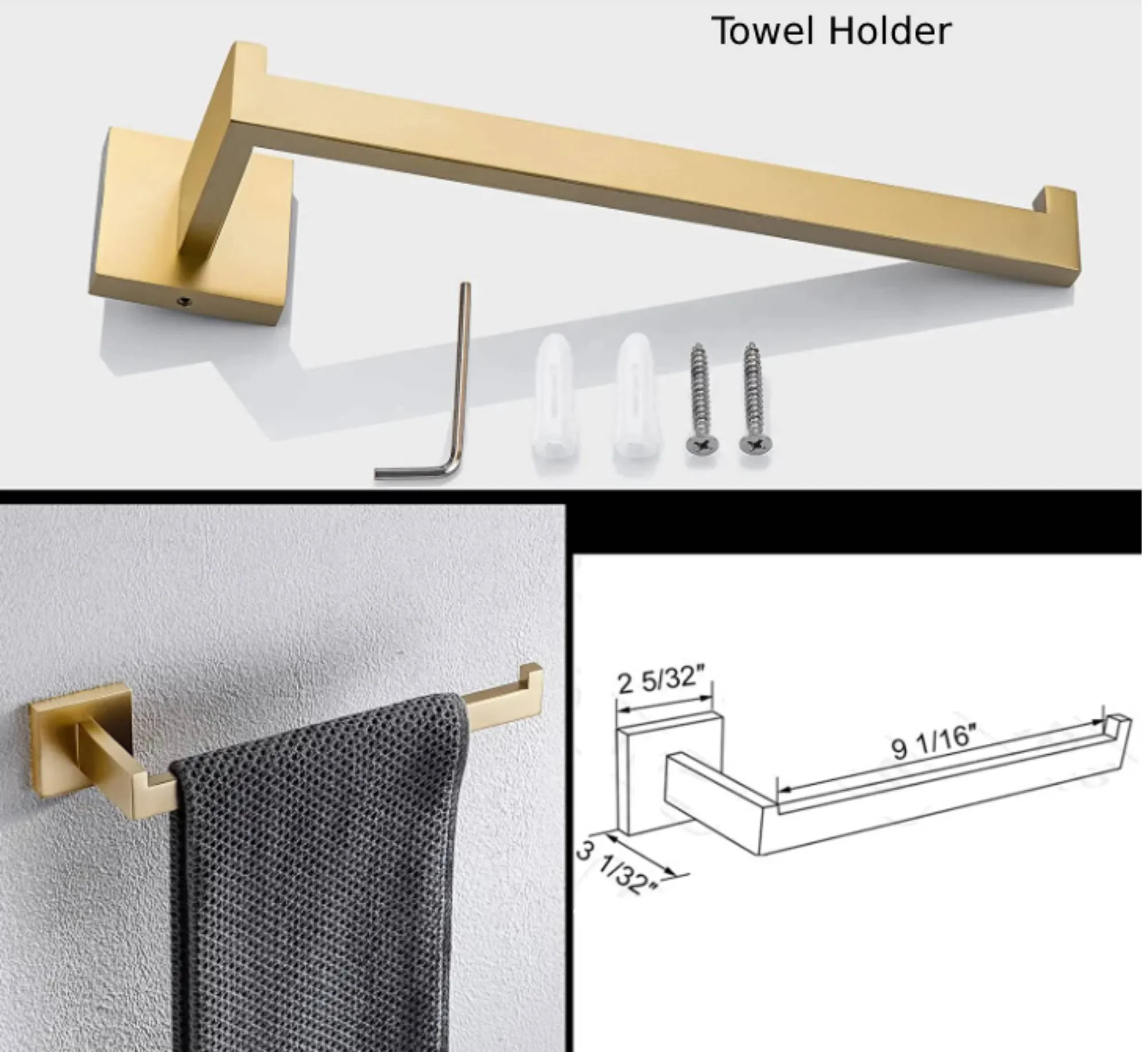 Square 4-Piece Stainless Steel Brushed Gold Bathroom Hardware Set - Towel Bar, Towel Ring, Toilet Paper Holder, Robe Hook, and Tower Holder - Wall Mounted - Image 3