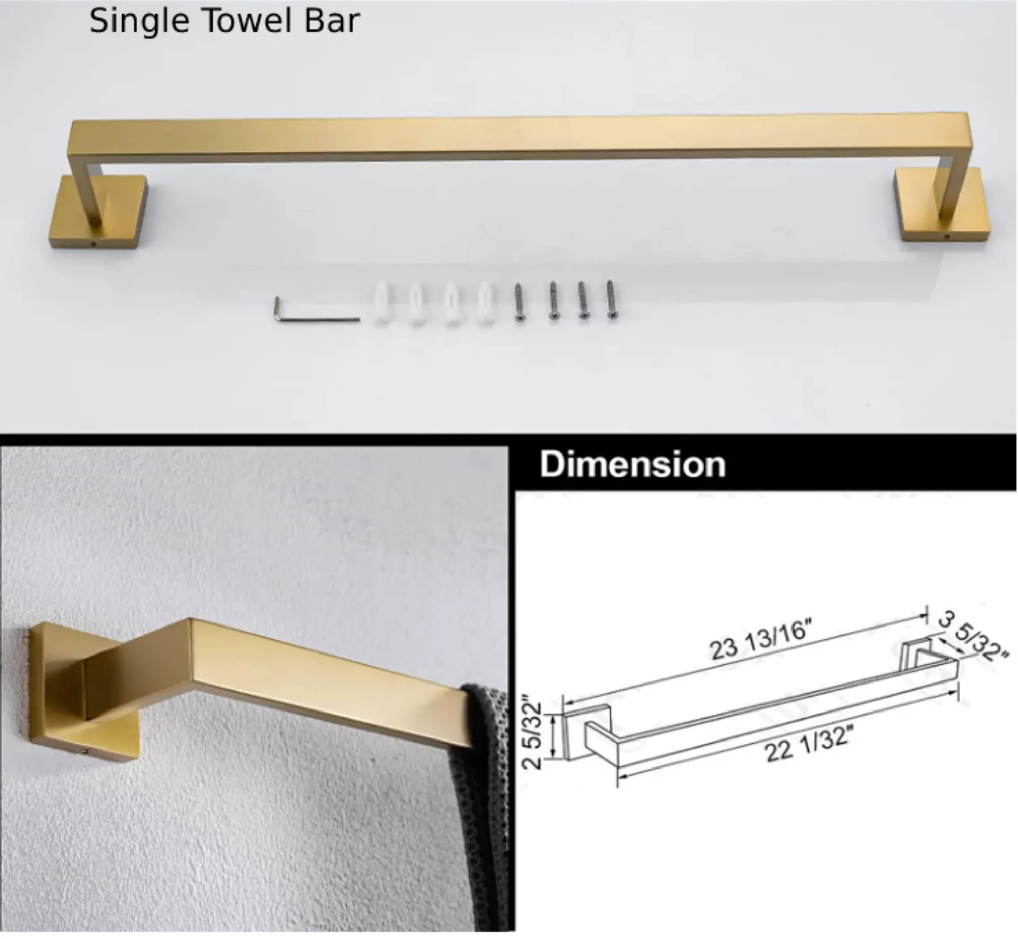 Square 4-Piece Stainless Steel Brushed Gold Bathroom Hardware Set - Towel Bar, Towel Ring, Toilet Paper Holder, Robe Hook, and Tower Holder - Wall Mounted - Image 4