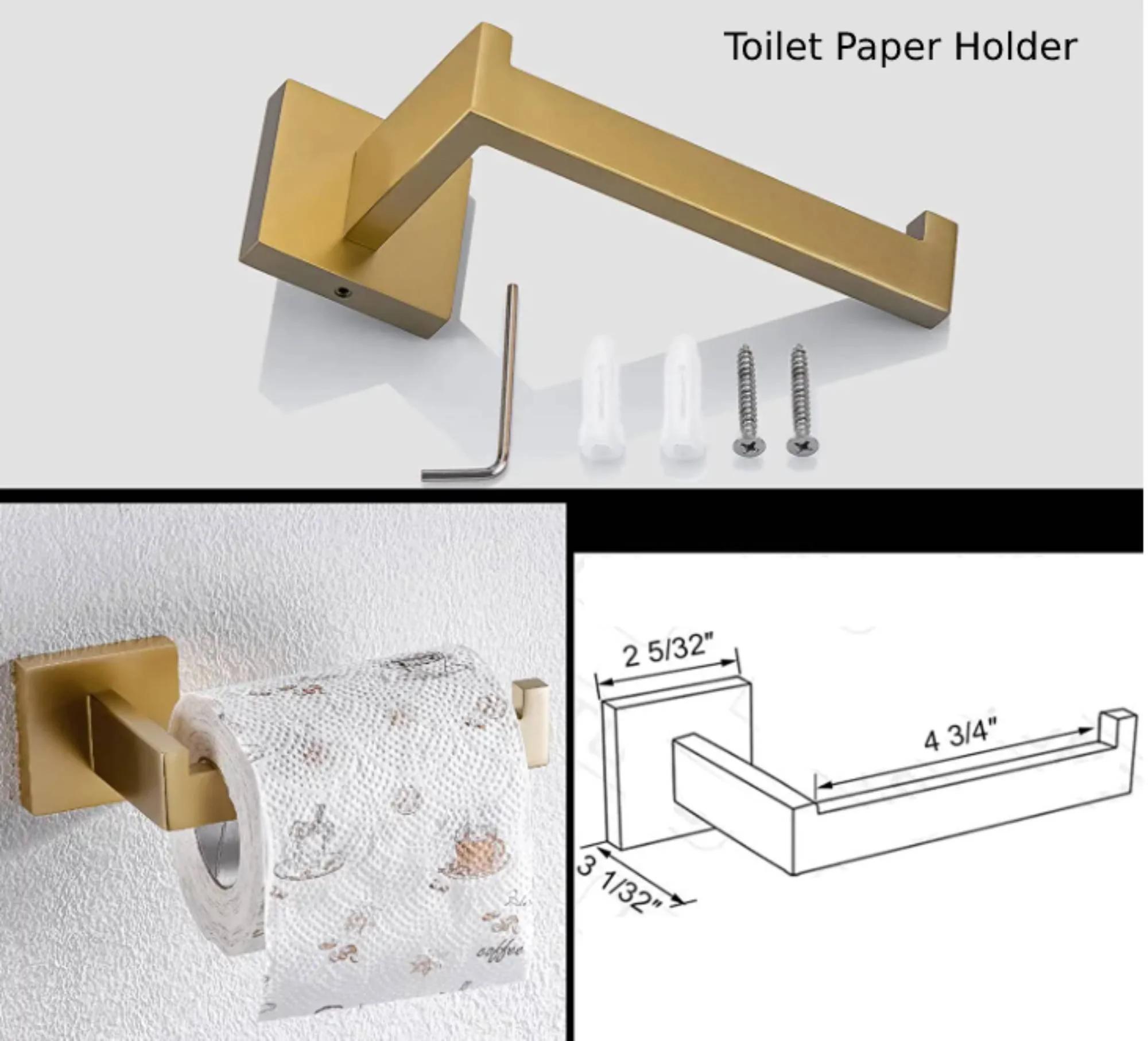 Square 4-Piece Stainless Steel Brushed Gold Bathroom Hardware Set - Towel Bar, Towel Ring, Toilet Paper Holder, Robe Hook, and Tower Holder - Wall Mounted - Image 5