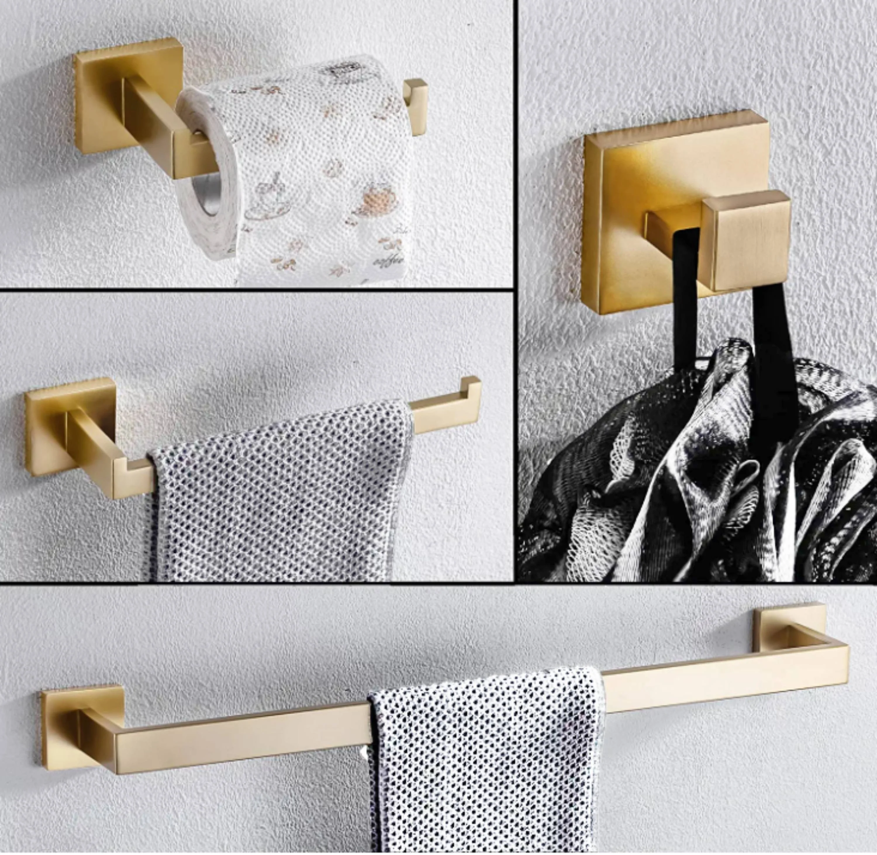 Square 4-Piece Stainless Steel Brushed Gold Bathroom Hardware Set - Towel Bar, Towel Ring, Toilet Paper Holder, Robe Hook, and Tower Holder - Wall Mounted - Image 6
